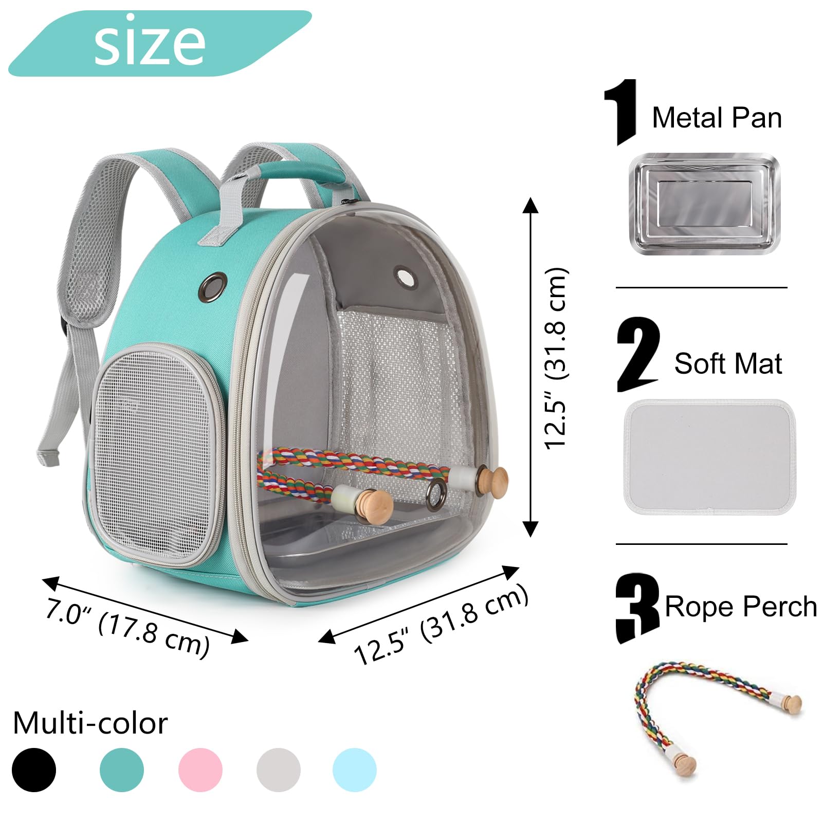Sac à dos de voyage pour petit oiseau avec plateau en métal et perchoir pour perruches, calopsittes perruches, vétérinaires (vert)