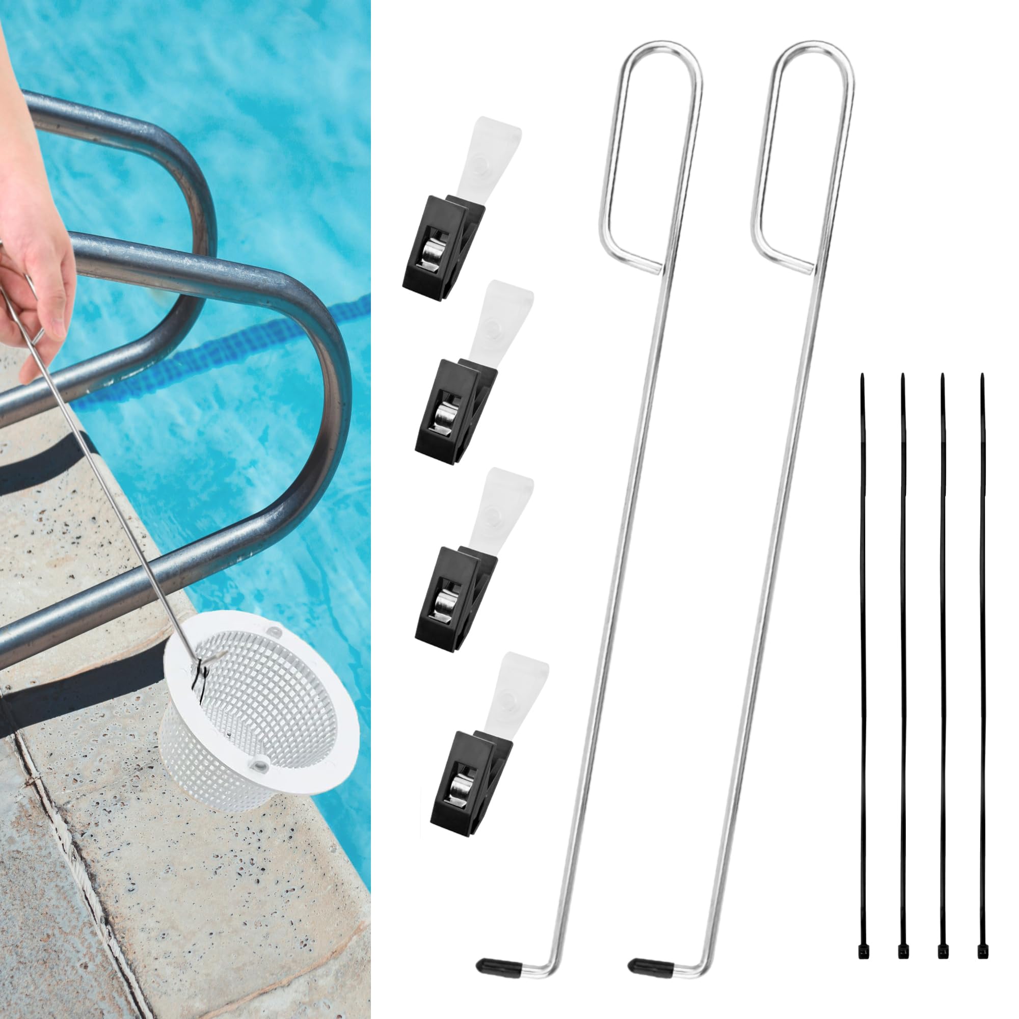 Gancho para cesta de skimmer de piscina, herramienta de mango de extracción de tapa y cesta de acero inoxidable con clips de tira de prueba de piscina para eliminación de escombros, reemplaza