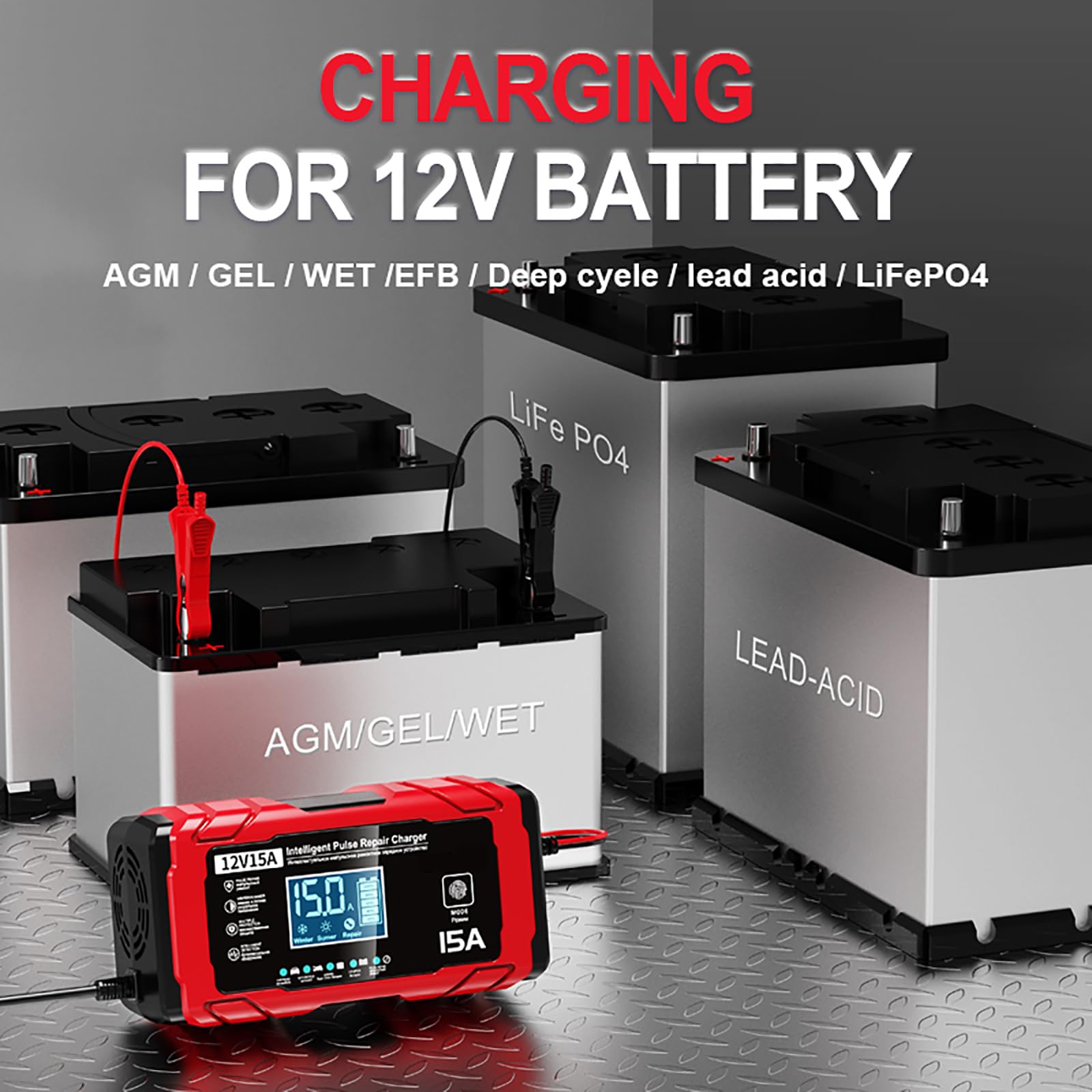 15A Chargeur de Batterie Voiture - 12V 15A Chargeur Batterie Moto Intelligent Entièrement Automatique avec Compensation de Température pour Les Batteries Plomb-Acide et LifePO4, Bateaux,Moto