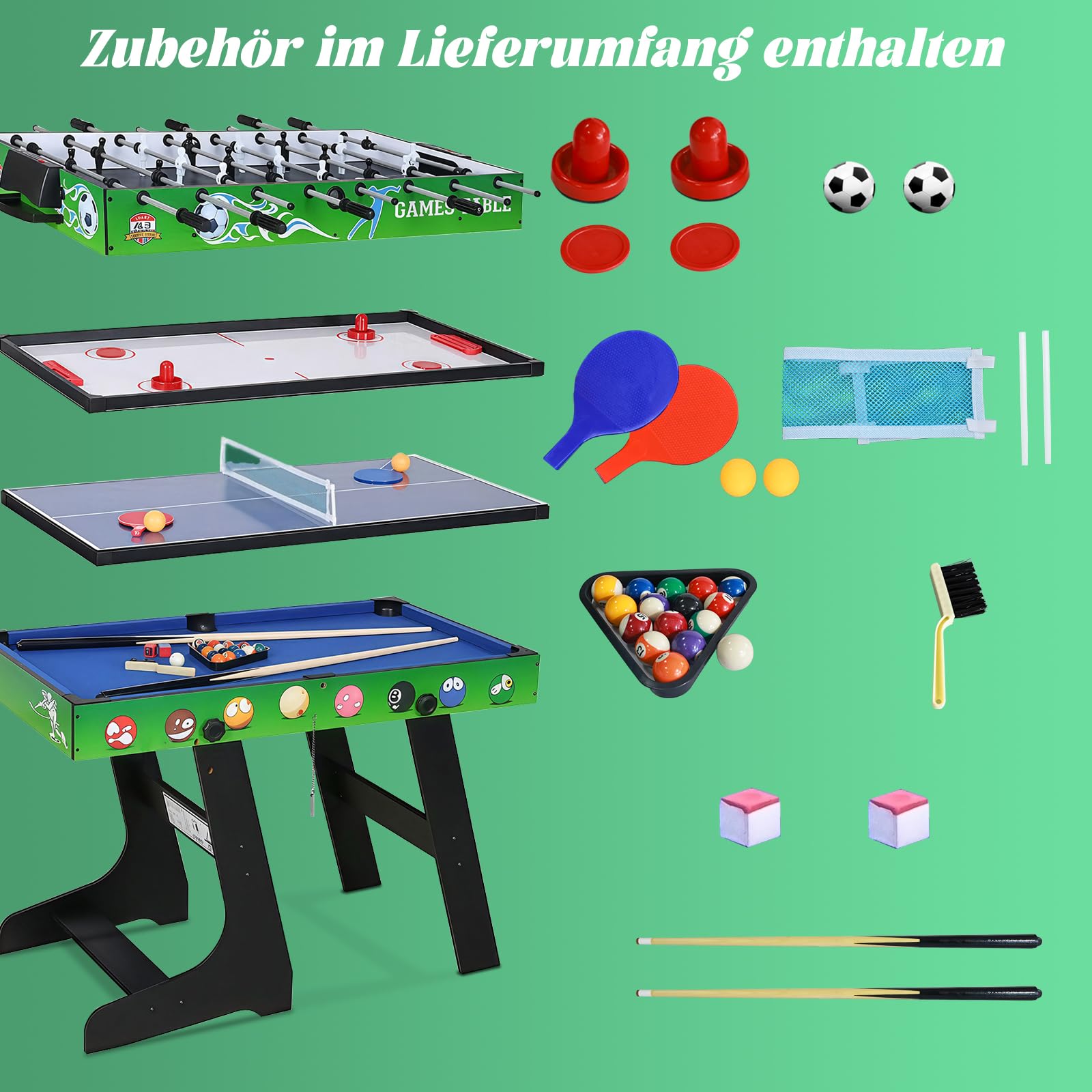 4 in 1 121cm Billard Tischfußball Air Hockey Tischtennis mit Zubehör | Multifunktionale Spieltische, Zusammenklappbarer Tisch, Plattenwechsel, robustes Holz, platzsparend, ideale Familie