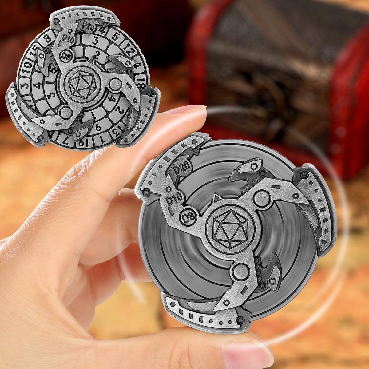 Spinner de Dés DND, Gyroscope du Bout des Doigts, 7-en-1 Métallique DND Dés, Roulette Dés Spinner, Cadeaux D&D avec Sacs Cadeaux Logo Dragon, Jeu de Rôle, Accessoires de Jeu de Société, Argent Foncé