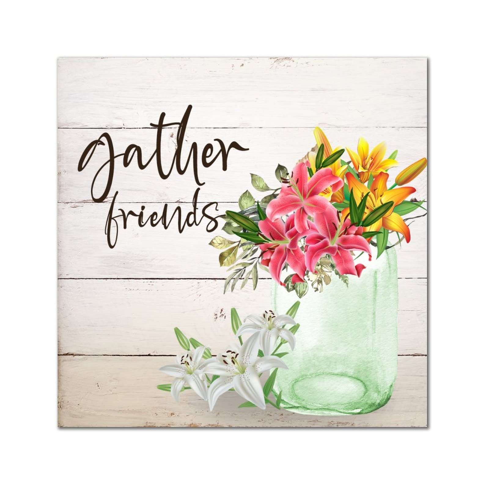 Plaque murale rétro en bois Gather Friends avec motif rose pour la maison 30x30 cm