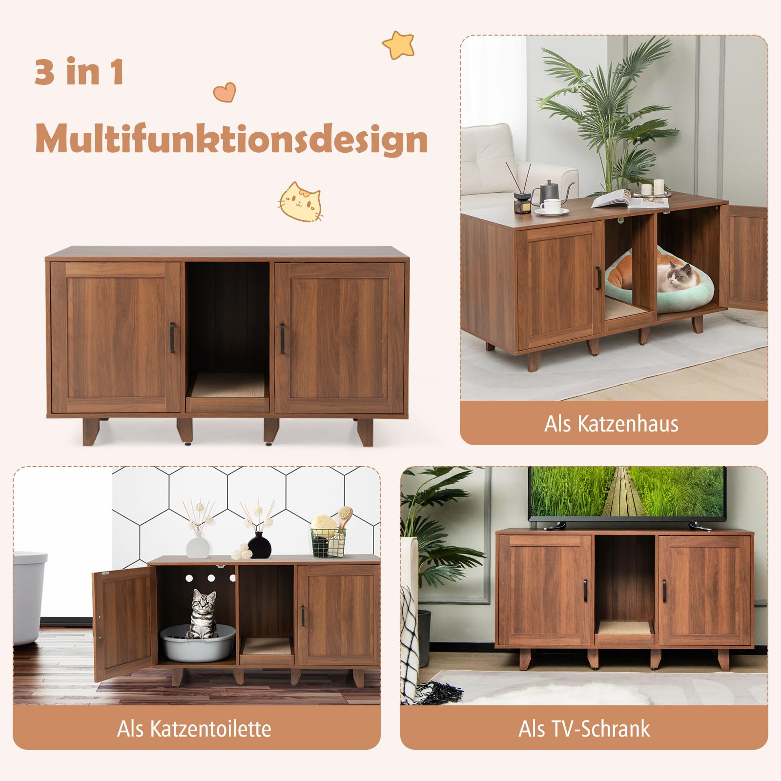 COSTWAY Szafka dla kota, kuweta 3 w 1, z wejściem, ukryta kuweta, 120 x 52 x 65 cm, meble dla kotów i psów
