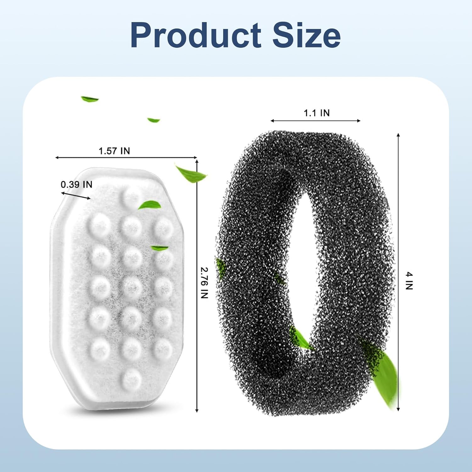 Dimensions of the Casfuy replacement filter and sponge, showing the filter at 2.76 inches long and 1.57 inches wide, and the sponge at 4 inches long and 1.1 inches wide.