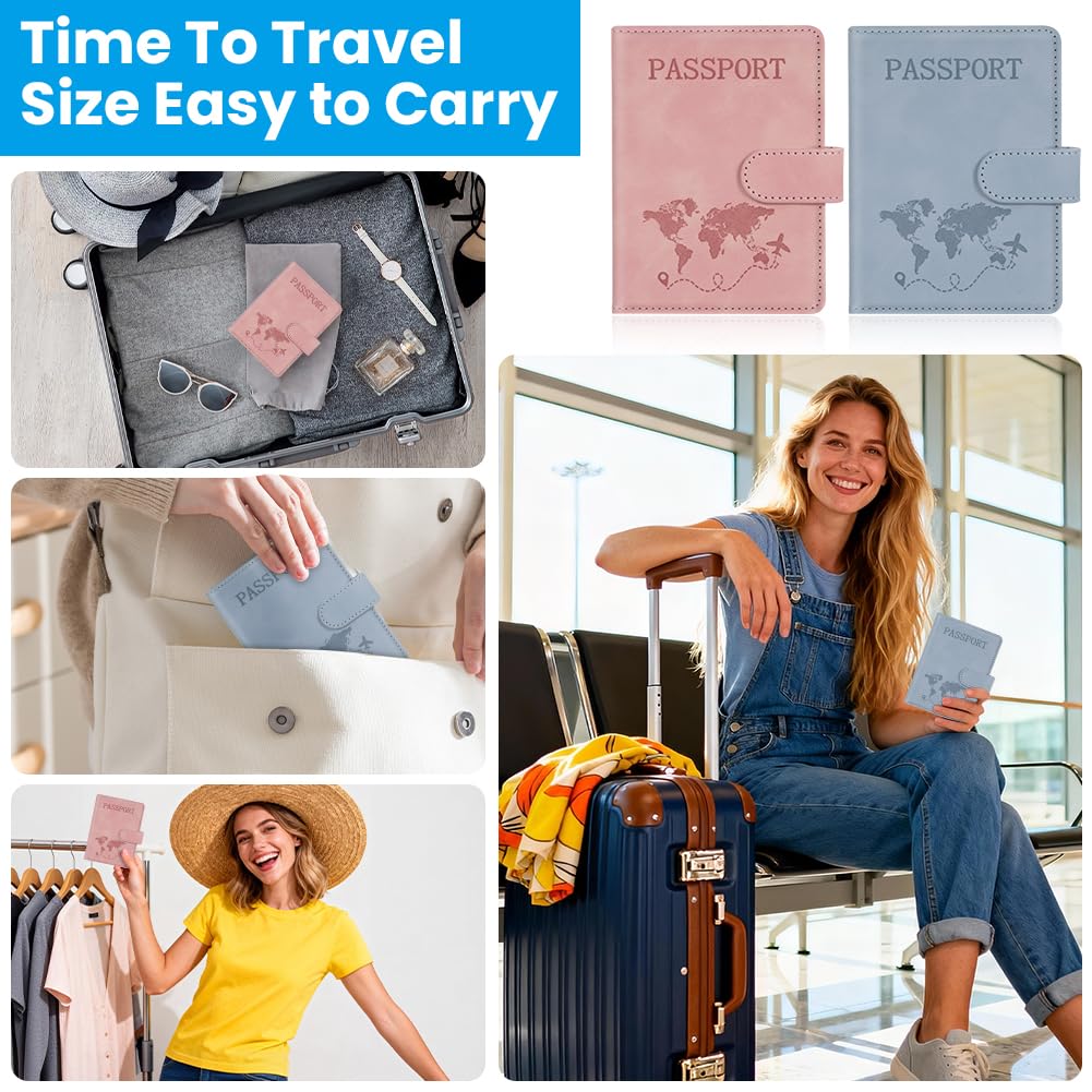 Protège Passeport,2 Pièces Couverture de Passeport avec Bloqueur RFID,Étui de Passeports en Cuir PU et Étiquette de Bagage pour Passeports, Cartes,Documents de Voyage(Rose)