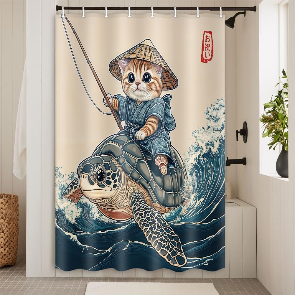 Funny Cat Shower Curtain Vintage Cat Riding Turtle Retro Charm Japanese AnimeBlue Ocean Animal Fabric Waterproof Shower Curtain Cute Hilarious Cat Go Fishing Kids Bath Curtain with 12PCS Hooks 71X84in
