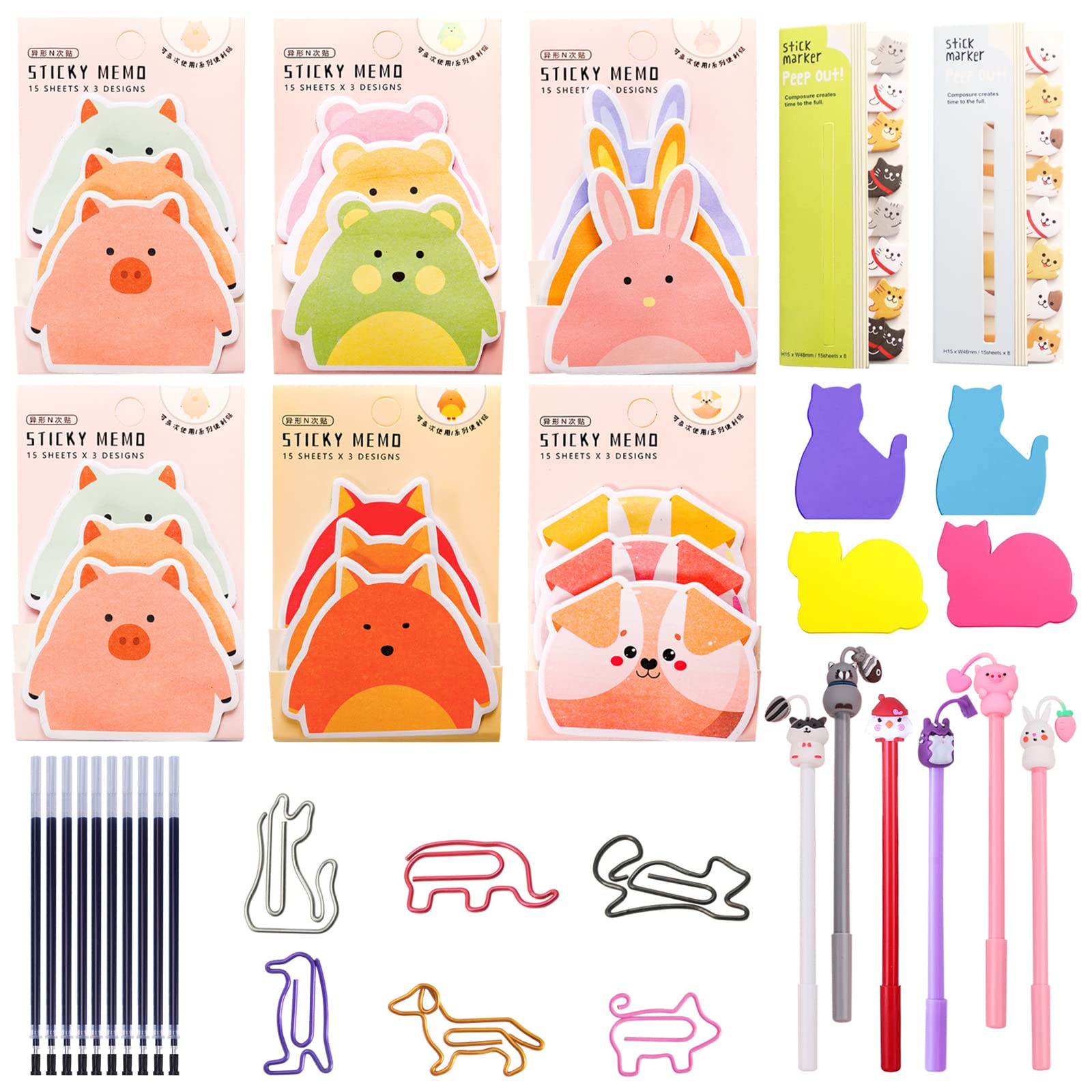 Cute Kawaii Sticky Notes 6 Packs Cute Post It Notes 6 Gel Ink Pens Cat Paper Clips and Silhouette Cat Sticky Notes Animal Sticky Notes Sets for Stationary Office Supplies Desk Accessories Kids School