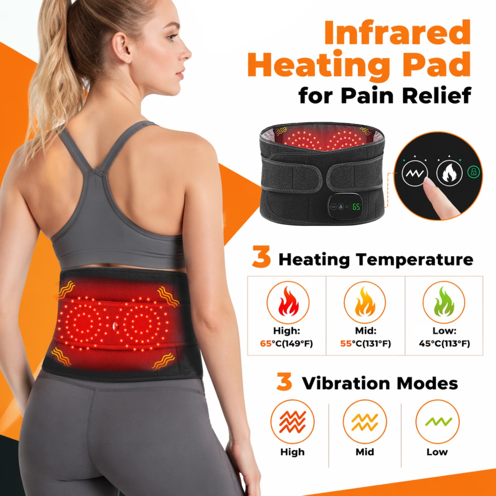Wärmegürtel Rücken 152cm, Heizkissen mit Abschaltautomatik, Thermacare Rücken mit 3 Massage- und 3 Temperaturstufen(45°-55°-65°), Heizkissen Kabellos mit 5000mAh Akku (Schwarz)