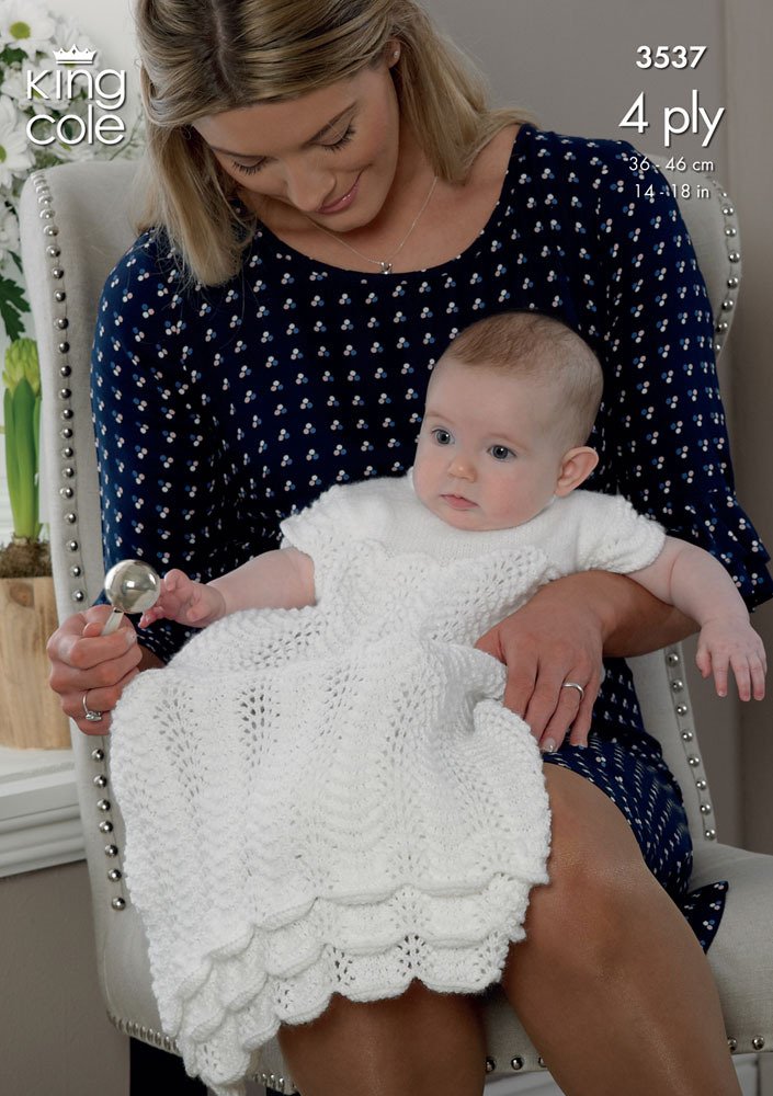 King Cole Baby 4ply Knitting Pattern Christening Set - Lacy Dress Bolero Bootees & Hat (3537)