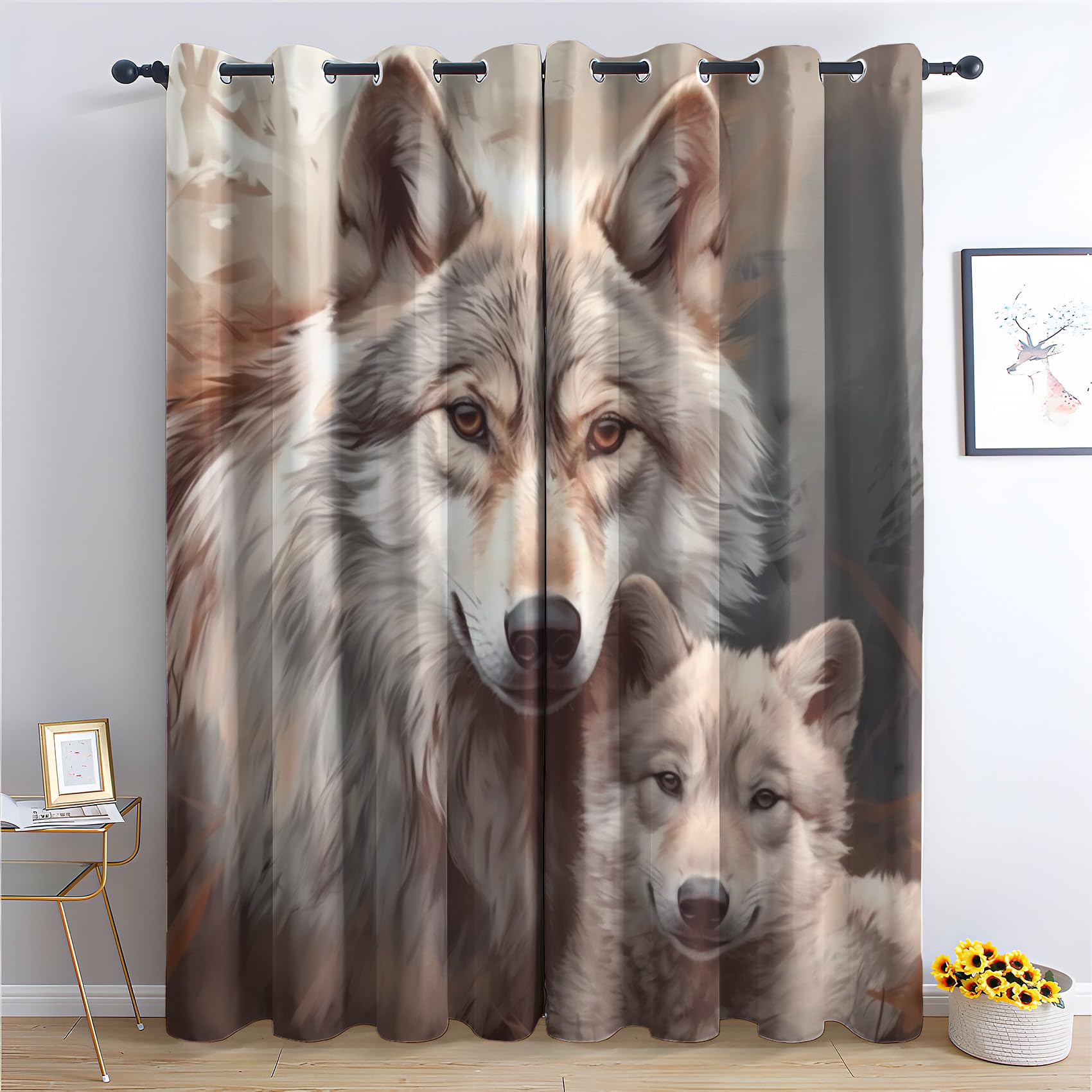 Zcwl Wolf Curtains For Bedroom Living Room, Wildlife Patterned Blackout Curtains, Thermal Insulated Eyelet Curtain, 54 Drop Window Treatments Drapes, 46X54 Inch (W X L), 2 Panels