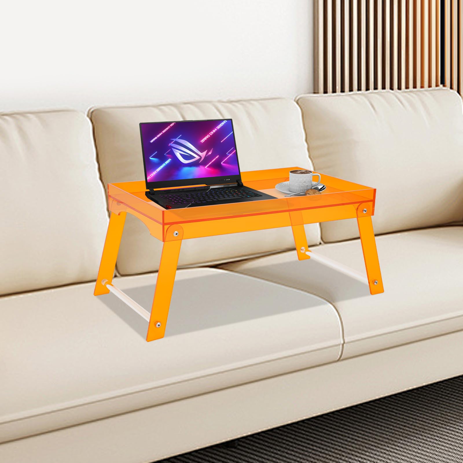 Acrylic Bed Tray with Foldable Legs, Multipurpose Breakfast Tray for Couch or Bed, Folding Bed Tray Laptop Table, Breakfast Food Tray, Perfect for Sofa and Bed Use, Orange