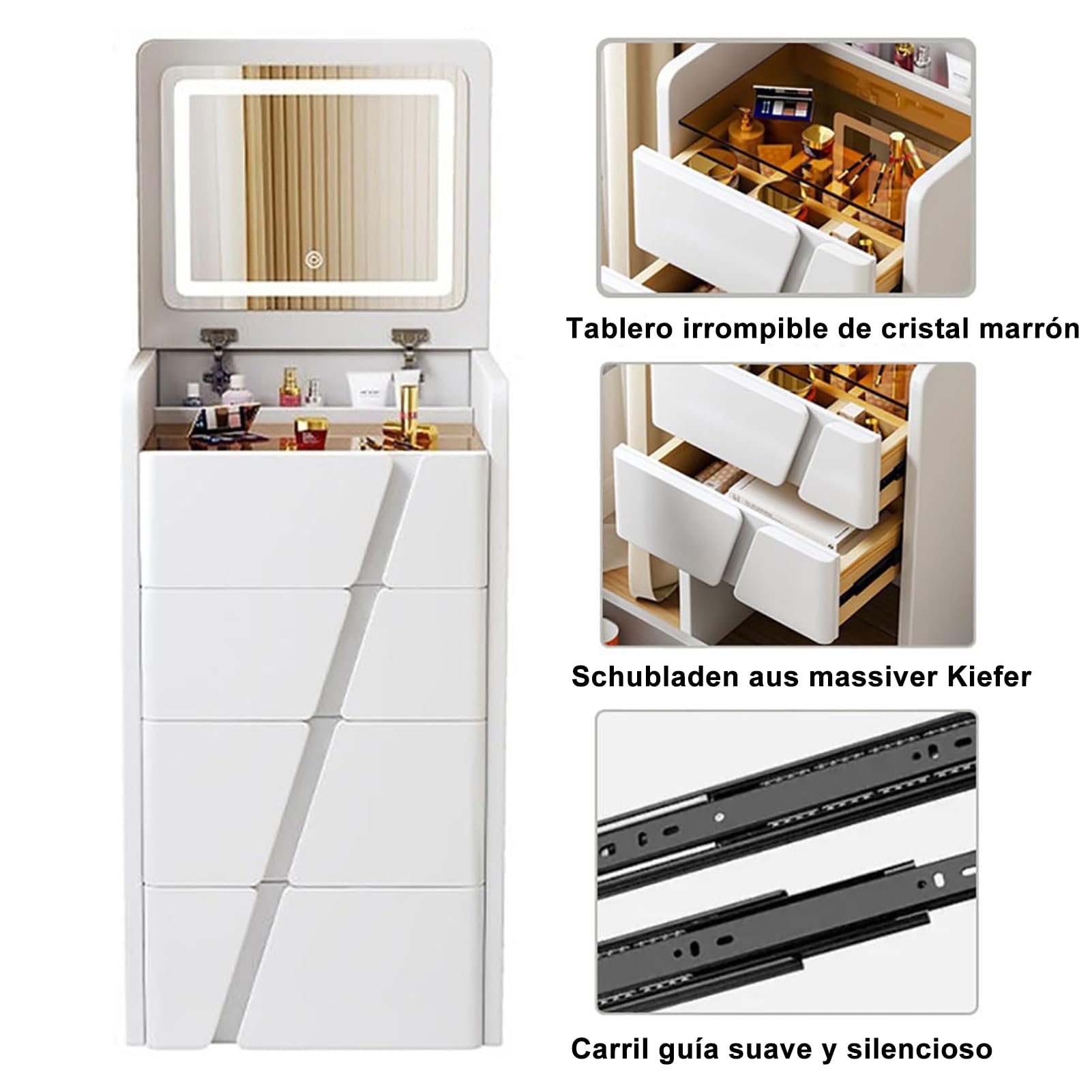 Scrivania da Trucco 3 in 1, Toeletta Trucco con Specchio Pieghevole e Luce LED Regolabil di Luminosità, Postazione Trucco Moderno con 4 Cassetti e Sgabelli Imbottiti, Bianco