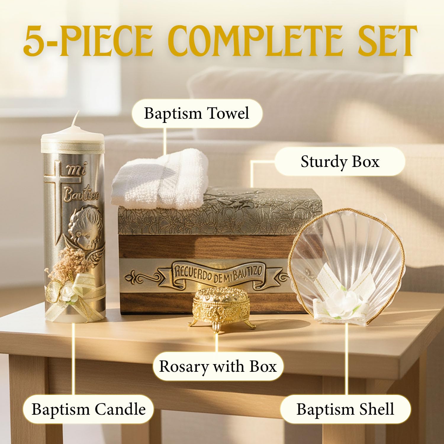 Ensemble de bougies de baptême pour garçons et filles dans une boîte de décoration de qualité supérieure avec serviette, chapelet et coquillage inclus – Velas para bautizo Recuerdos de bautizo – Kit