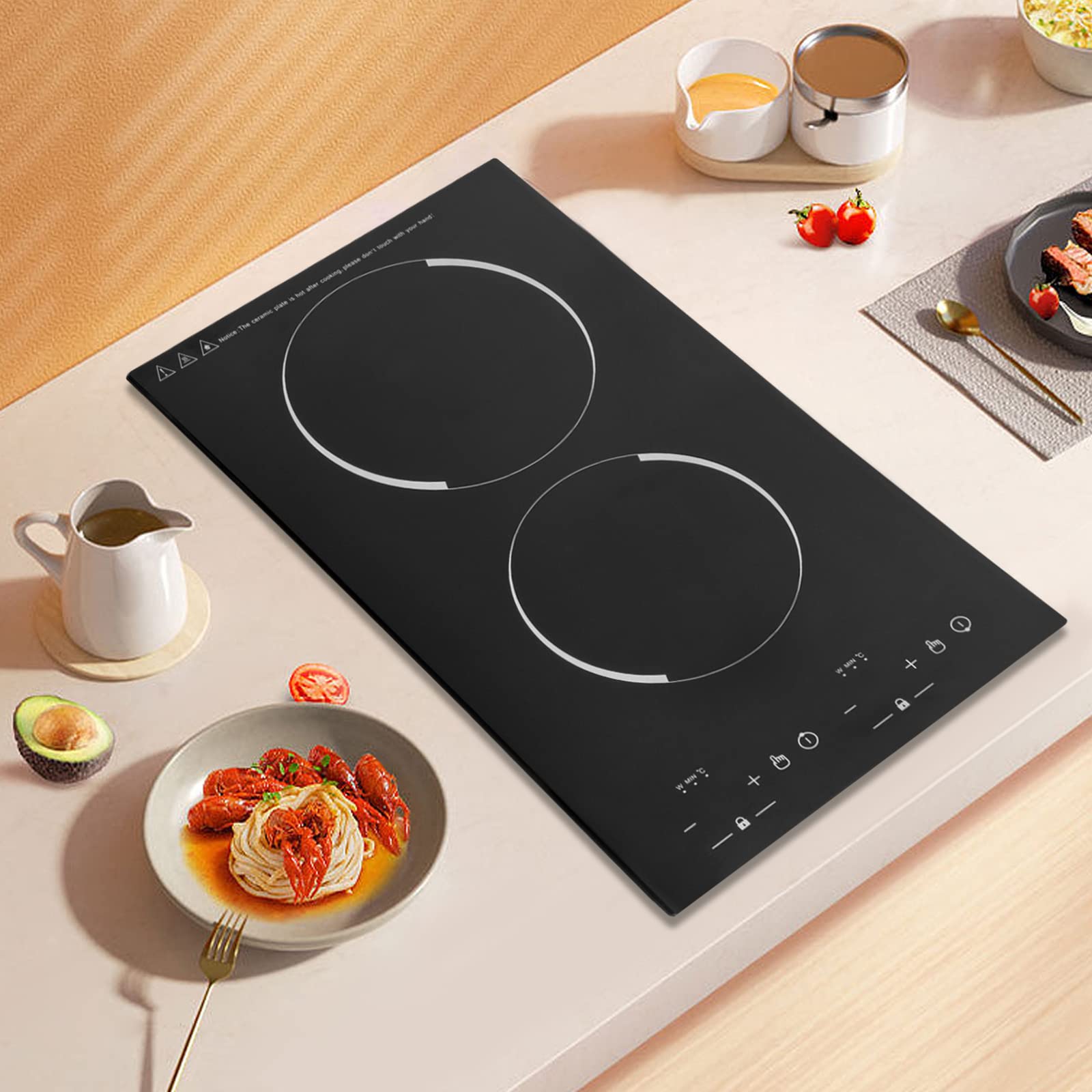Electric Cooktop 2 Burner, Portable Induction Cooker with Burner Independent Control, Ultrathin Body,9 gears Temperature, 1200W+1100W-Multiple Power Levels, 110V-120V (Suitable for Pot 10.24in)