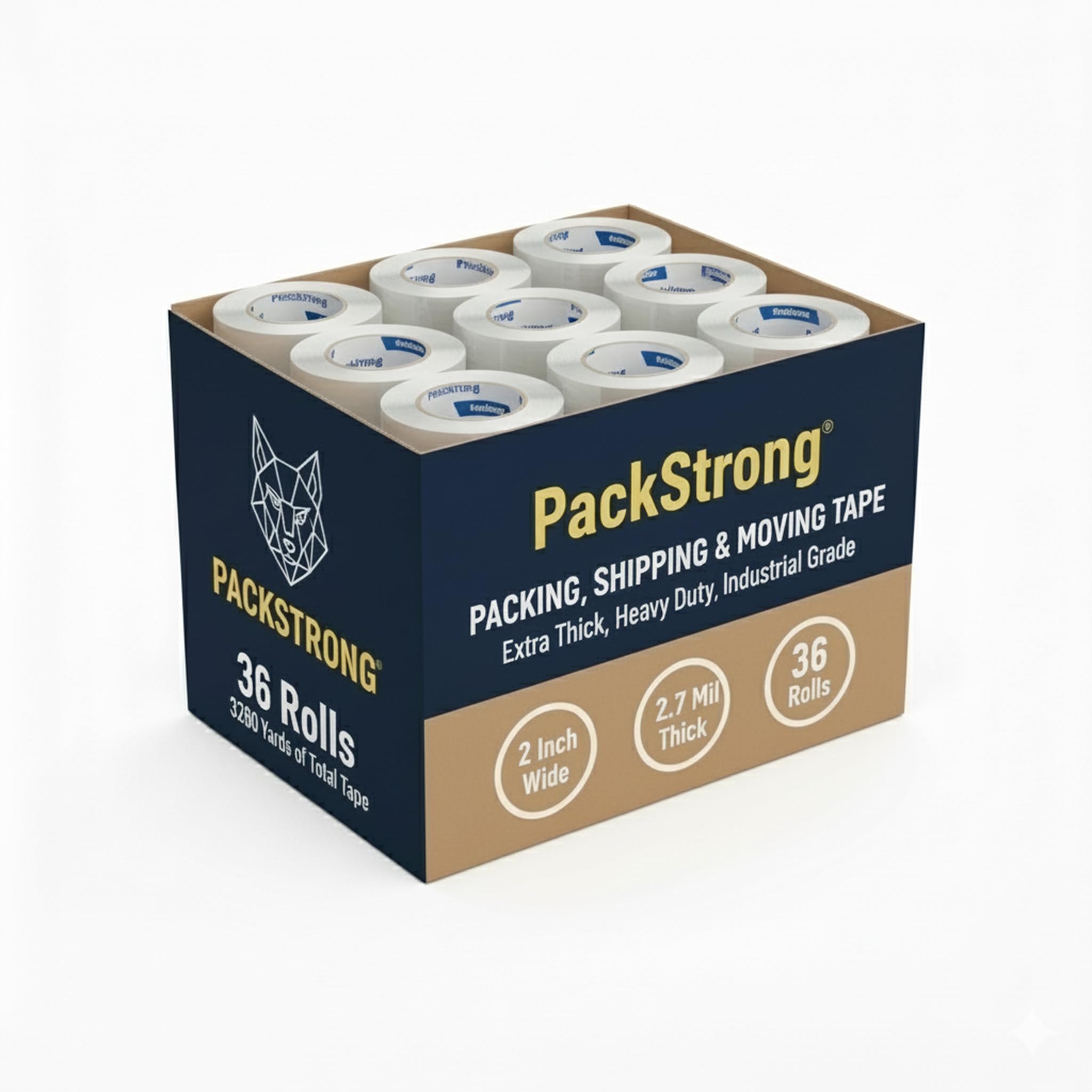 Packstrong Cinta de embalaje transparente de grado industrial, 36 rollos, 110 yardas por rollo, 2 pulgadas de ancho x 2.7 mil de grosor, cinta adhesiva acrílica resistente para taquilla, mudanza