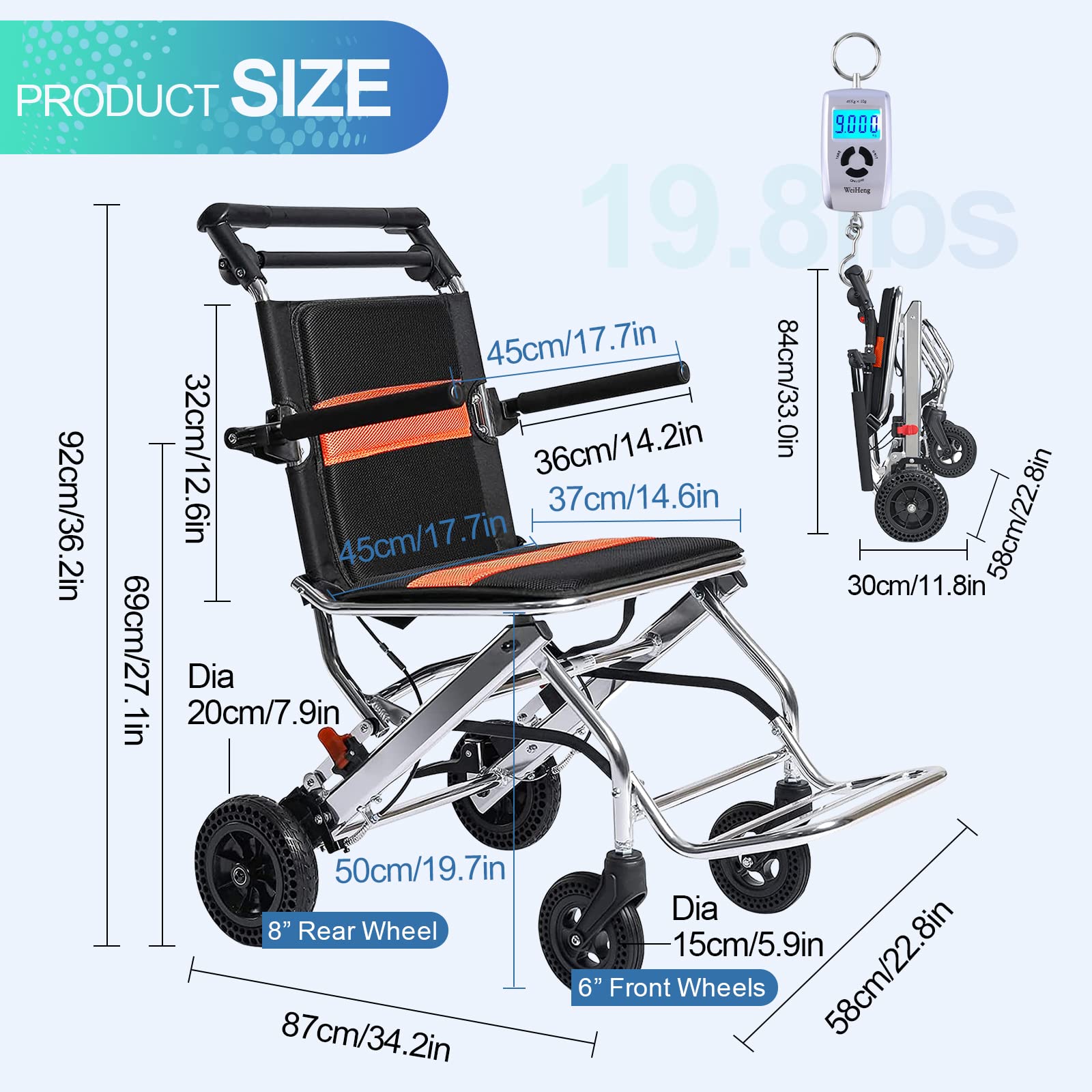 Silla de ruedas, silla de ruedas plegable ligera, sillas de ruedas de viaje portátiles, con marco plegable, freno de mano, silla de ruedas de aluminio para adultos y personas mayores, soporta 220