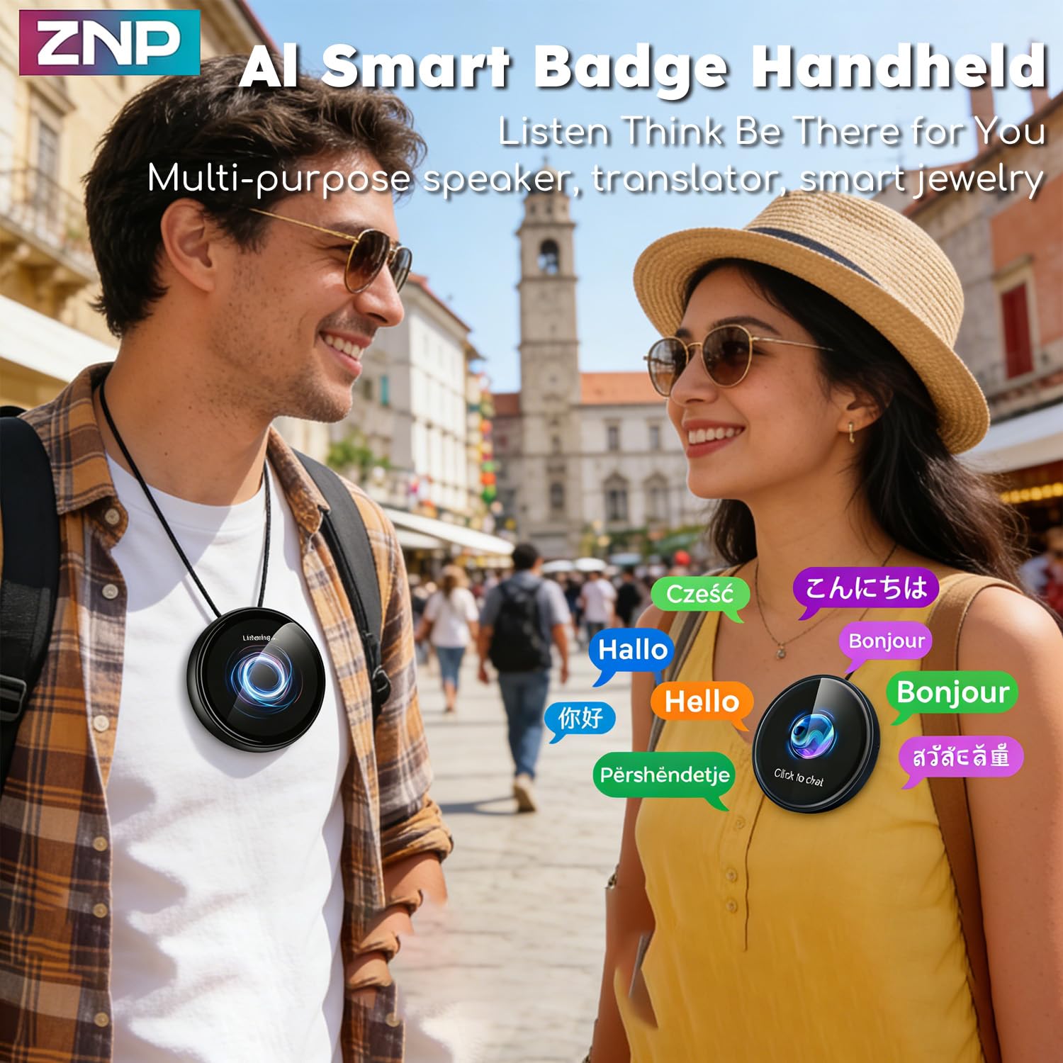 AI Badge Traduttore Simultaneo Vocale con 60 lingue in tempo reale, Smart E-Badge portatile con schermo LCD HD, Bluetooth 6.0, traduttore vocale per viaggi, affari