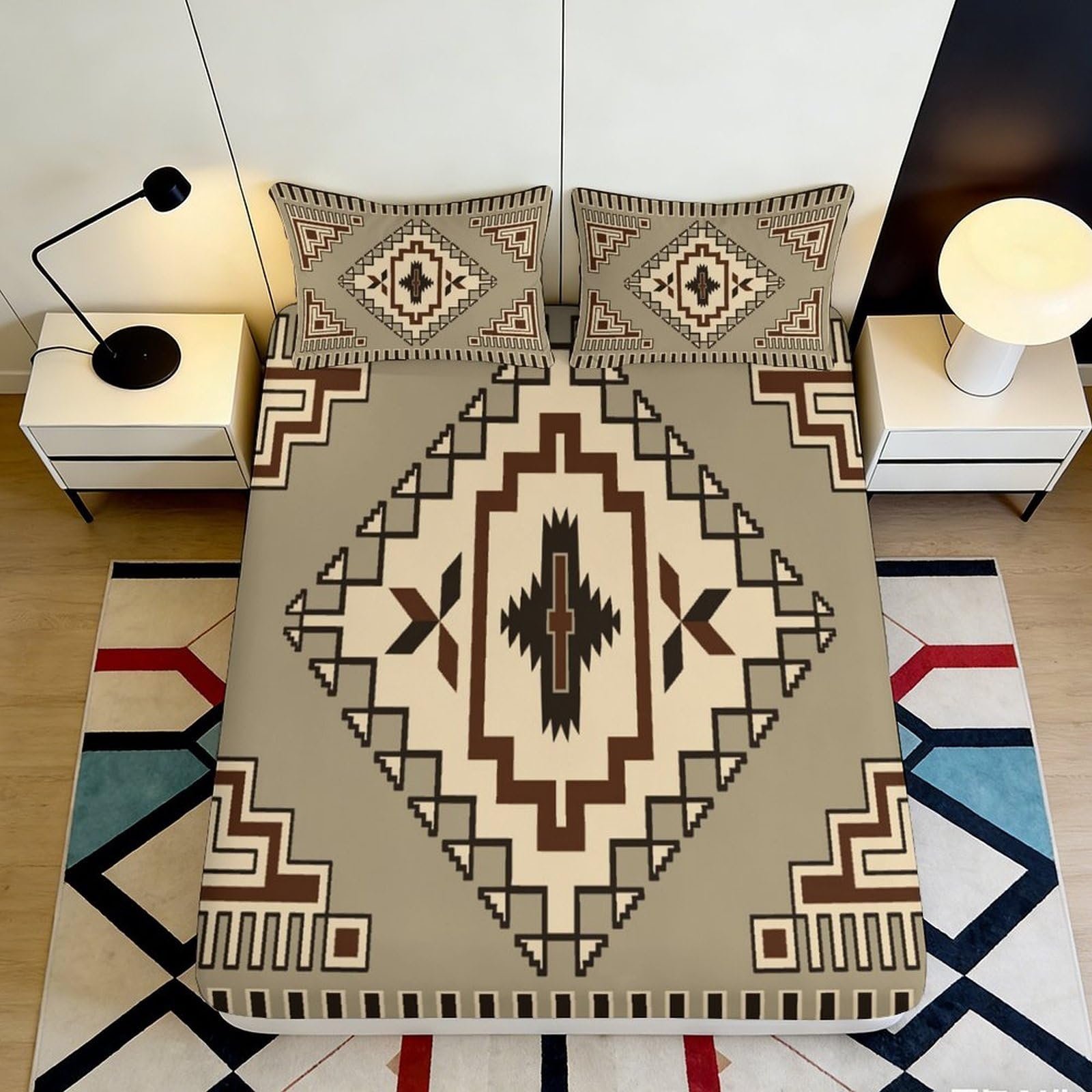 3D Printed Geometric Tribal Fitted Sheet Microfiber Beige Brown Ethnic Mattress Cover for Bedroom Dorm Decor 90x200x25cm