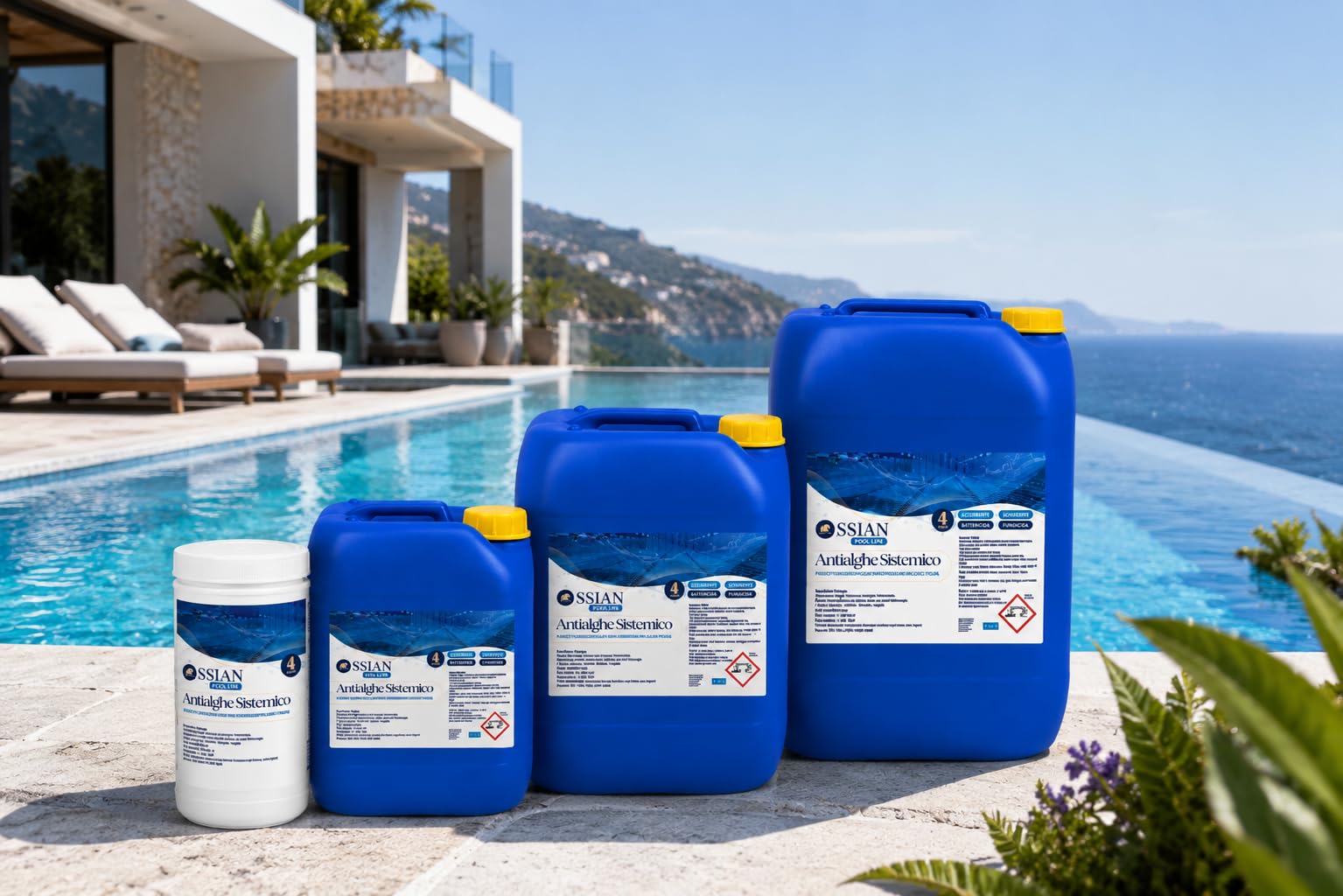 Ossian Pool Antialghe Piscina, Alghicida Sistemico Microincapsulato 4 Azioni, Non Schiumogeno, Termoresistente, Azzurrante e Schiarente per Piscine, SPA e Idromassaggio (25 Kg, 25000, millilitro, 1)