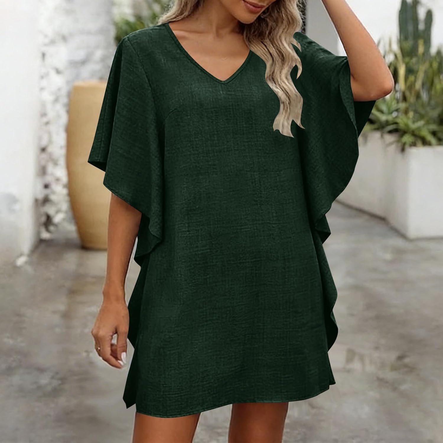 Womens Casual Dresses Summer Short Sleeve Batwing Sleeve V Neck Midi Dress Loose Fit Beach Vacation Sundress