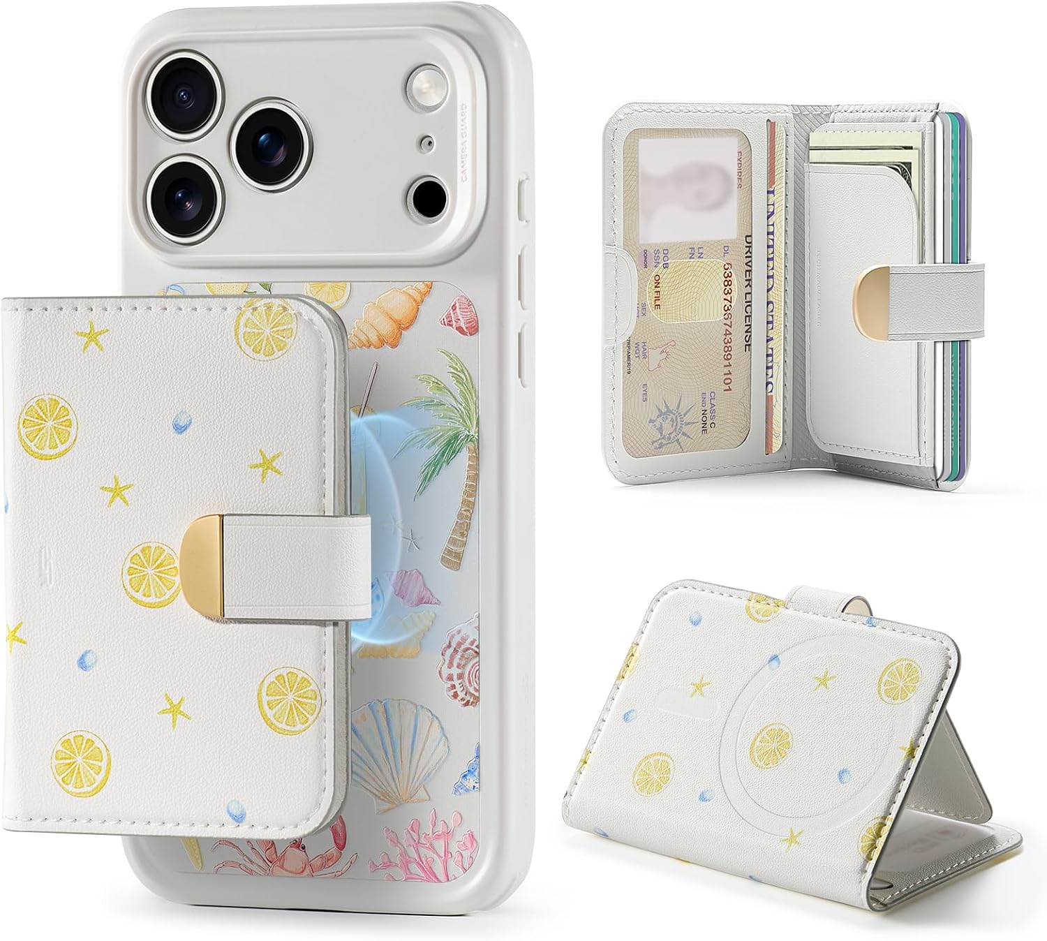 ESR Aura Clutch for MagSafe Wallet Stand for Women, RFID Blocking, MagSafe Sticker Included, 5 Card Holder Magnetic Wallet for iPhone 17/16/15/14/13/12 & Select Samsung, Coastal Summer, Cream White