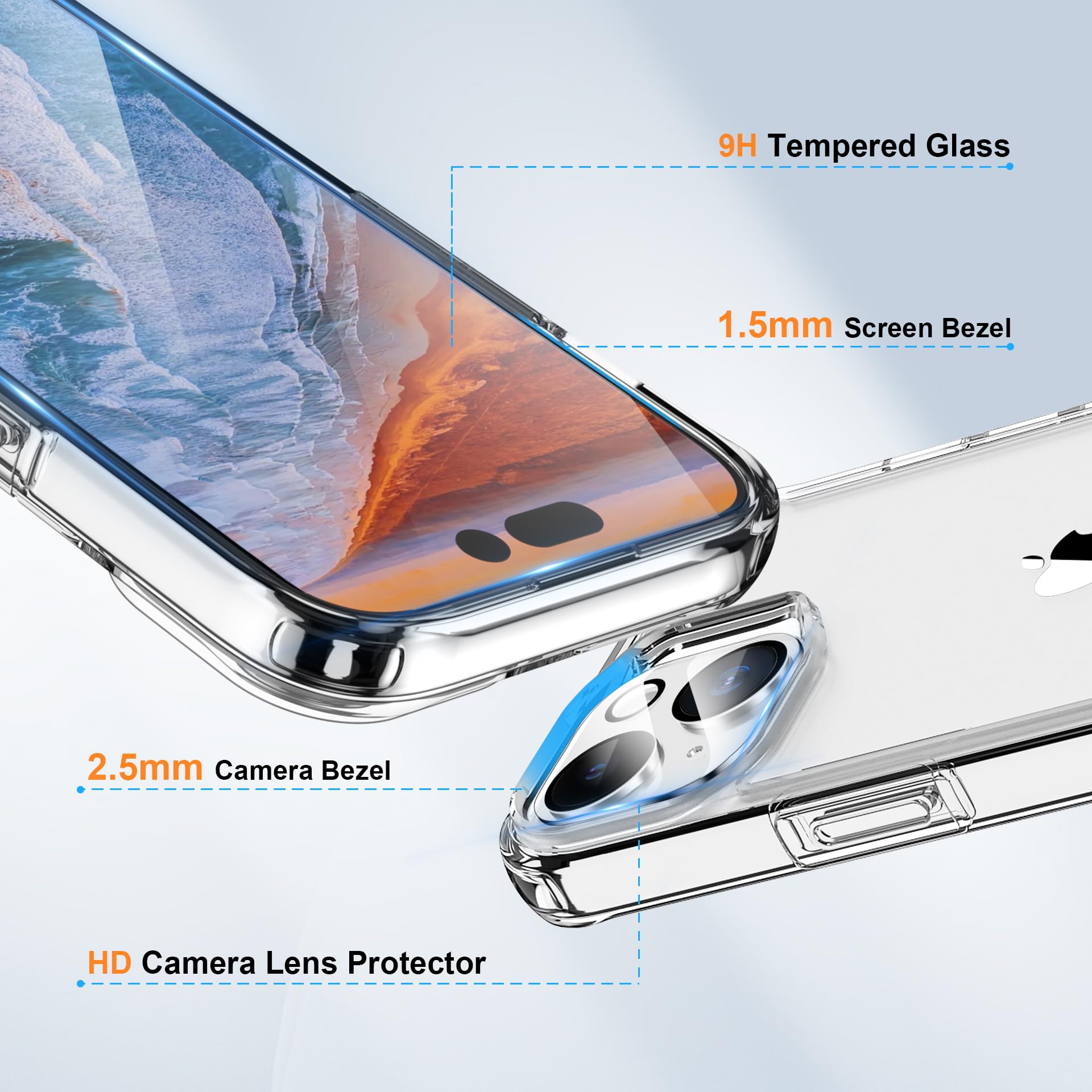 ORETECH Cover per iPhone 15, Custodia iPhone 15(6.1 Pollici), 2 Pezzi Pellicola Protettiva in Vetro Temperato & 1 Pellicola Fotocamera Antiurto Ultra Sottile Hard PC Silicone Cover - Trasparente