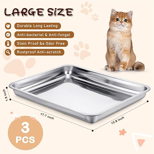 Miniatura 3 de Mifoci 3 cajas de arena de acero inoxidable para gatos, caja de arena de metal para gatitos, control de olores, fácil de limpiar, caja de arena de