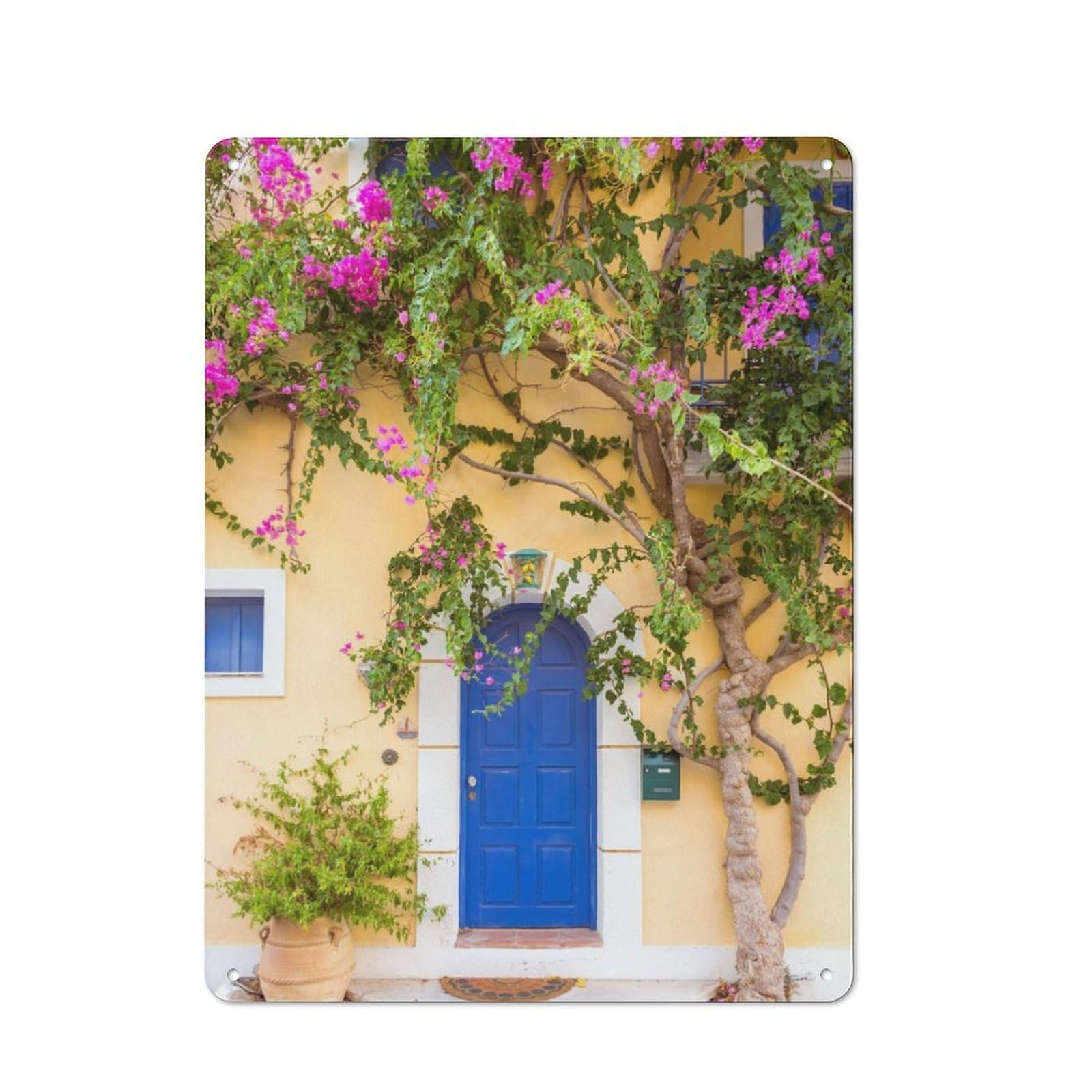 Junmoney The Blue Door Greece For Garden Room Or Summerhouse, Vintage Tin Sign 40X30cm, For Display In Garden Rooms And Summerhouses