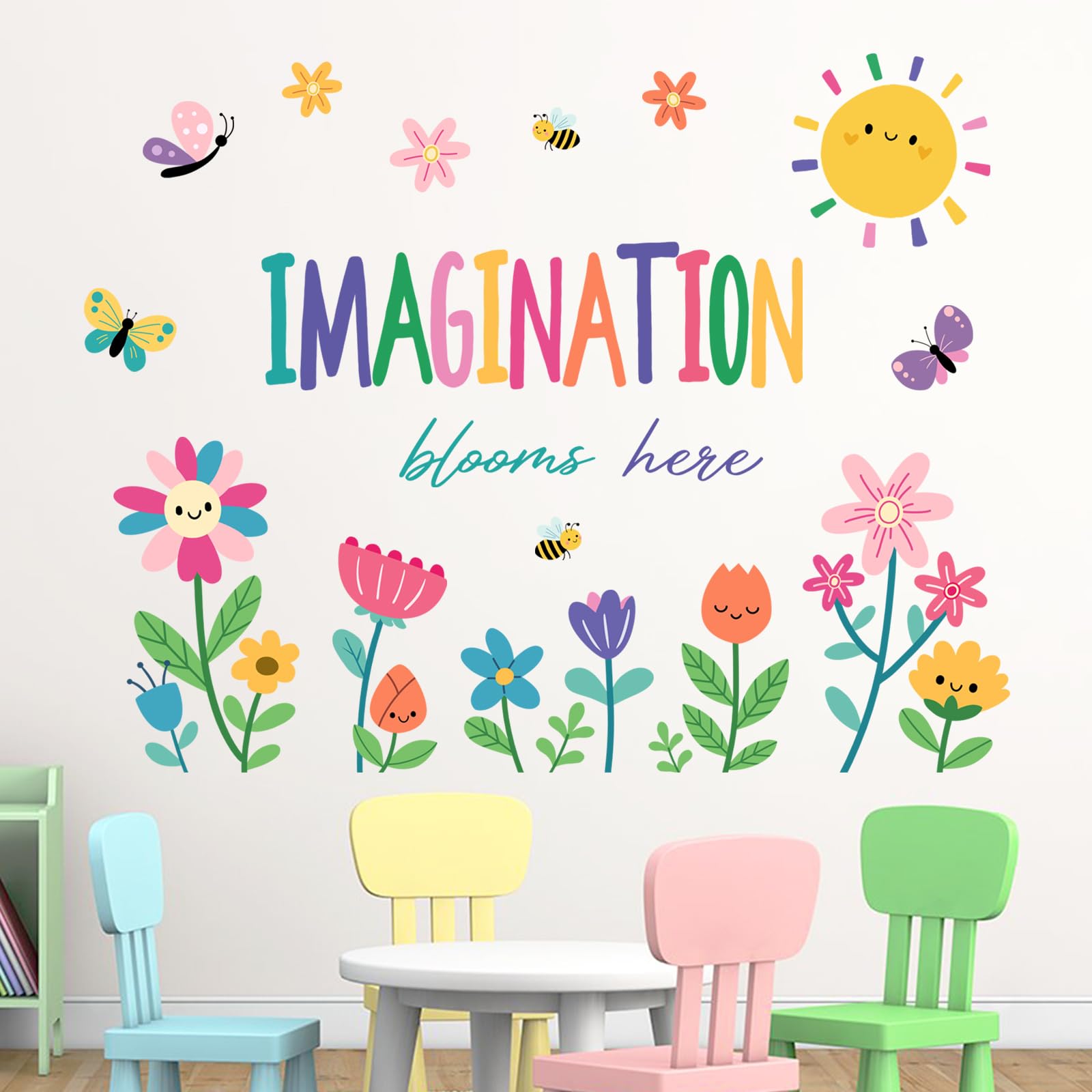 Yovkky Imagination Blooms Here Wall Decals Stickers, Inspirational Quote Colorful Flower Floral Sun Toddler Nursery Decor, Positive Bee Butterfly Home