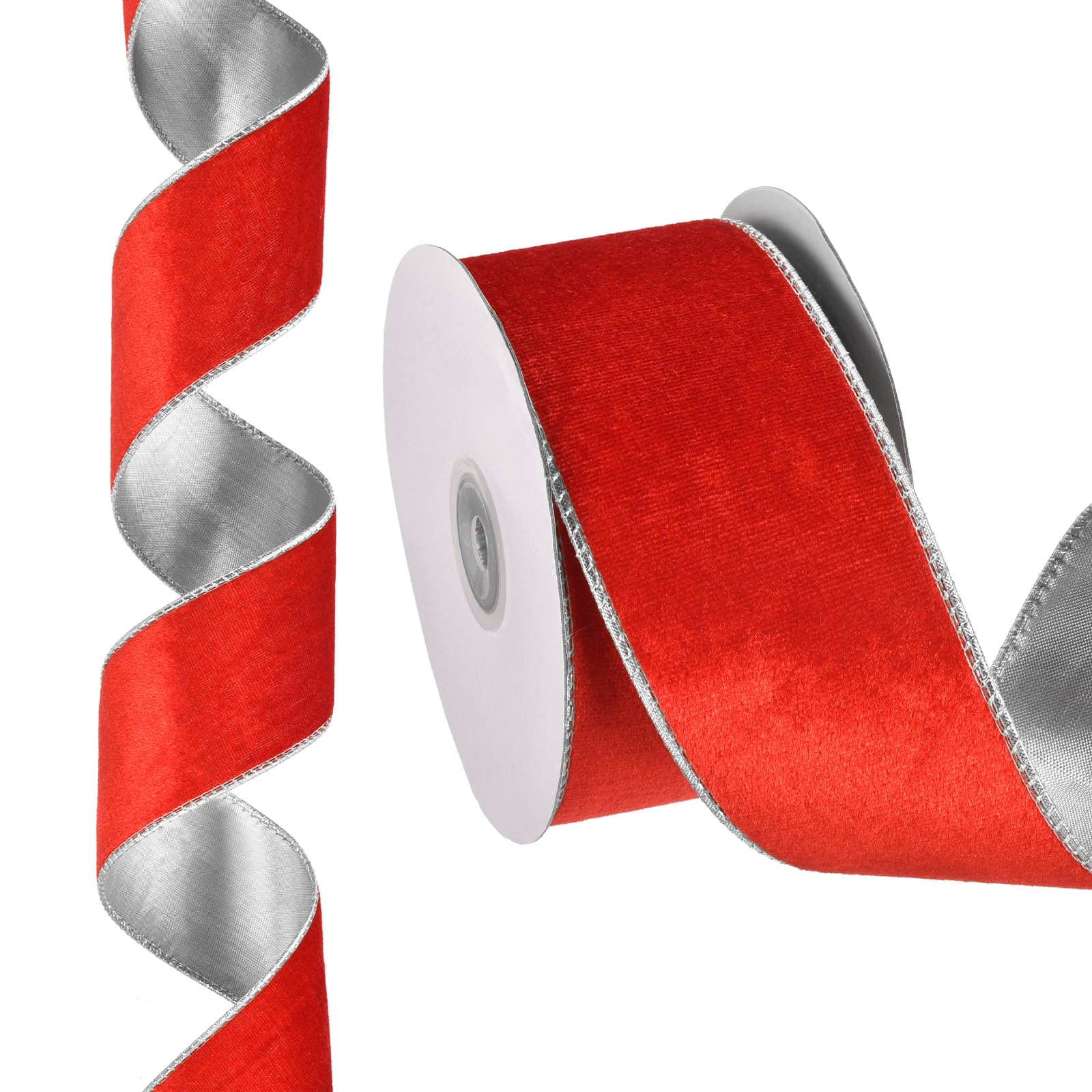Ruban de Noël en velours rouge argenté 2.5" x 10 verges