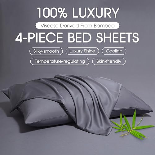Miniatura 3 de HYPREST Sábanas Cal King, Rayón Derivado de Bambú, Bolsillo Extra Profundo se Ajusta a Colchones de 18"-24" de Grosor, Gris Sedoso Suave Sin Sudor