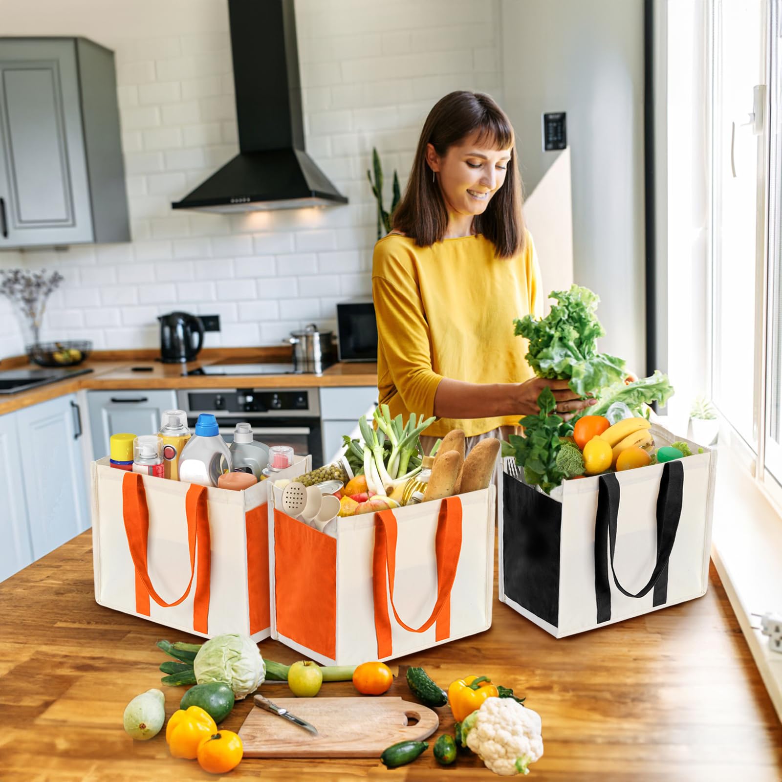 Covzoe Confezione da 4 borse della spesa riutilizzabili in tela, borsa per la spesa pieghevole con tasche laterali, borse in tessuto resistente con manico, grande borsa multiuso per shopping,