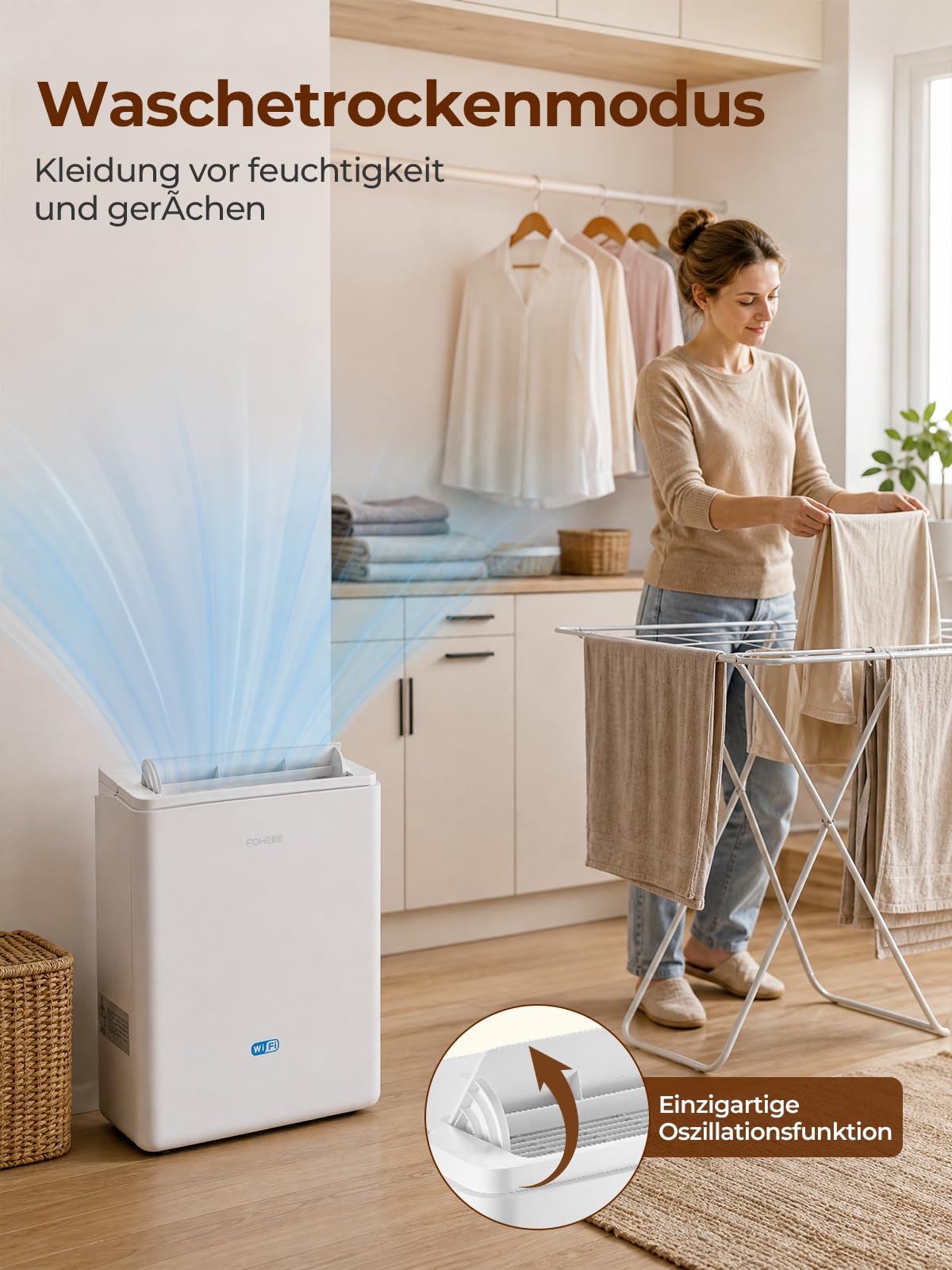 FOHERE Luftentfeuchter 30L/24h mit WLAN-App, Raumentfeuchter bis 50 m²/135 m³ für Keller, Bad und Schlafzimmer, Dauerablauf, Wäschetrocknung, 24h-Timer, Auto-Abschaltung
