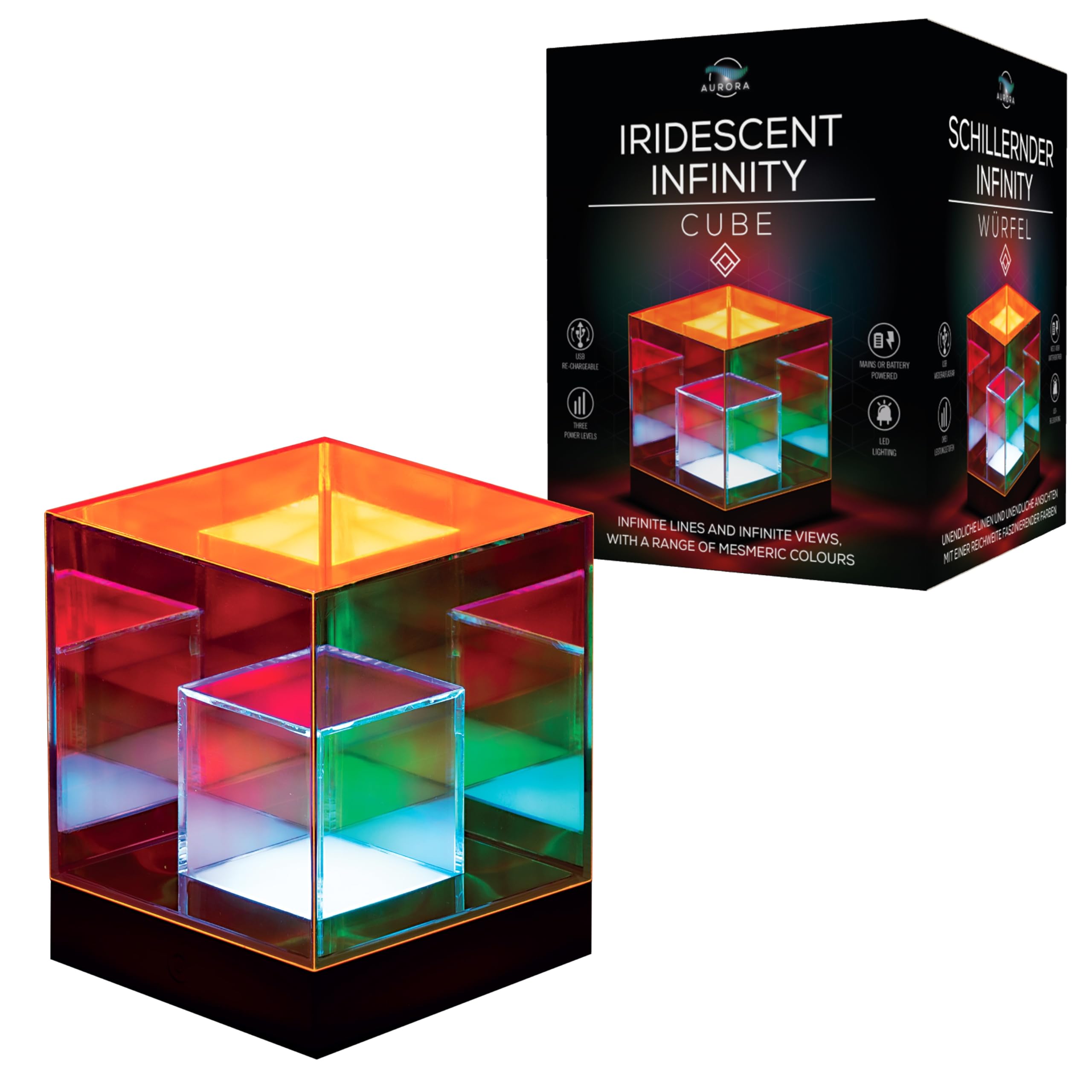 Funtime Gifts Multi Iridescent Infinity Cube Light – Mesmerising Colour-Changing Acrylic Display, Ambient Mood Led Lamp For Home & Office, Usb Or Battery Powered