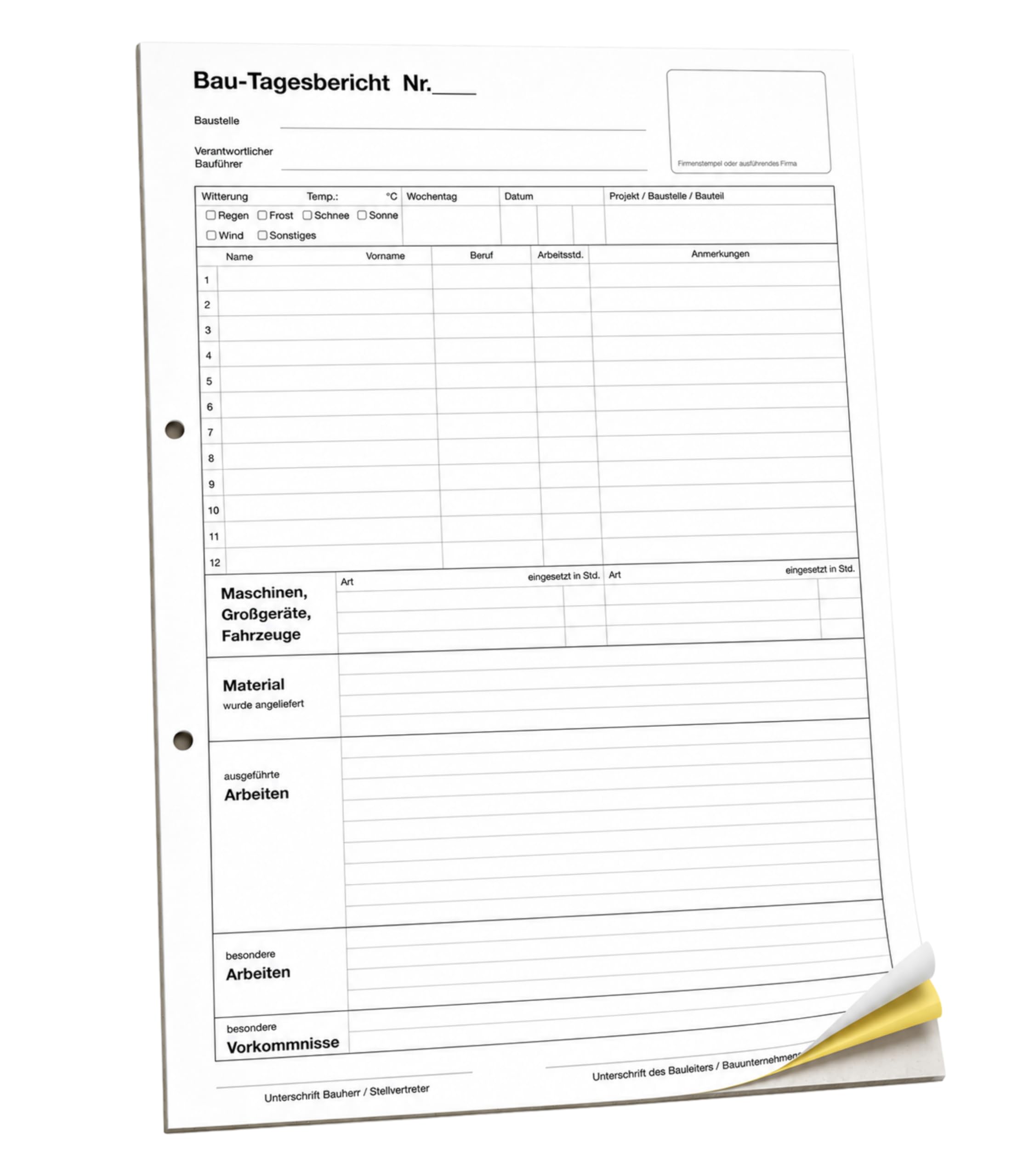 1x Bau-Tagesbericht, Baubericht DIN A4, 2-fach selbstdurchschreibend, 2x50 Blatt weiß/gelb - gelocht (22235)