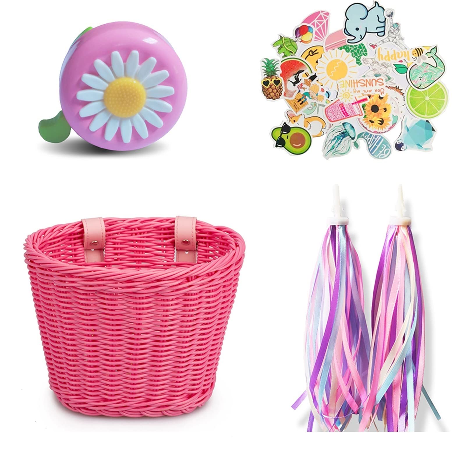 XXXXW PE Bicycle Basket+Bell+Tassel+Stickers Set Adjustable Handwoven Kid Adult Bike Handlebar Carrier Bag Pannier Bicycle Accessories Cycling Baskets (Color : Pink)