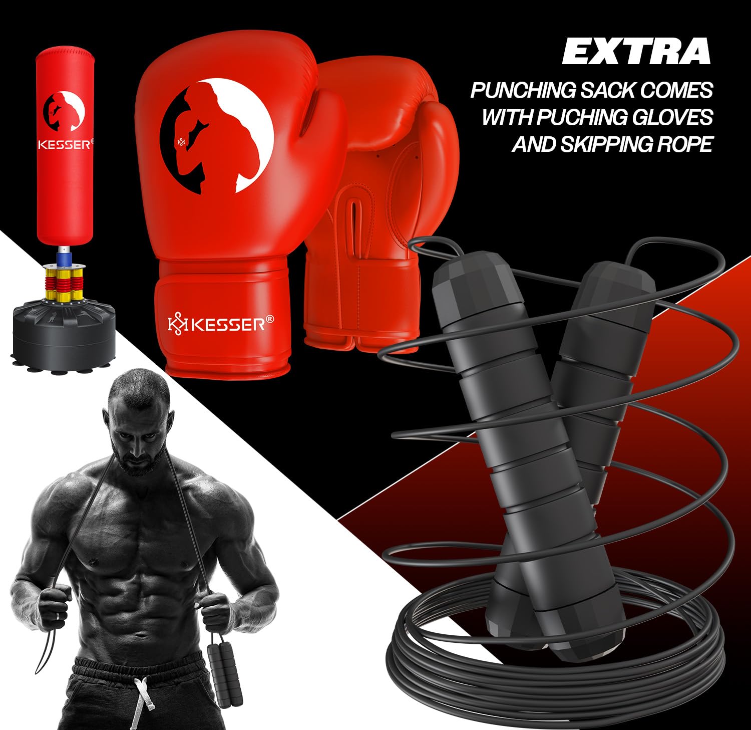 KESSER® Boks Set - Bokszak Staande Inclusief Bokshandschoenen Springtouw Kickbokszak Mma Boksbal Voor Volwassenen Fitness Bokspaal Met 0