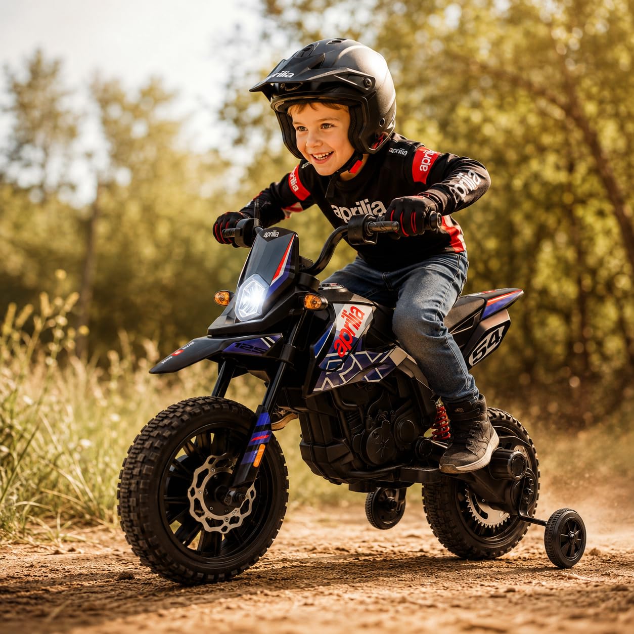 Moto elettrica per bambini 12 V Aprilia RX 125 Cross a batteria per bambini blu con sospensione posteriore luci LED e musica