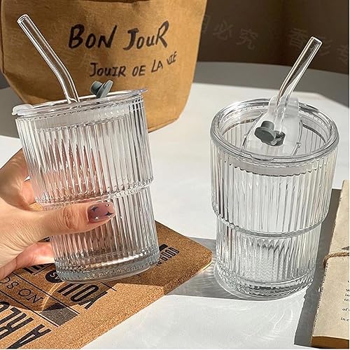 Miniatura 2 de 2 tazas de café de vidrio con tapas y popotes, taza de café helado de 13 onzas con tapas, vaso de vidrio Matcha con pajitas, vasos para ir a tazas