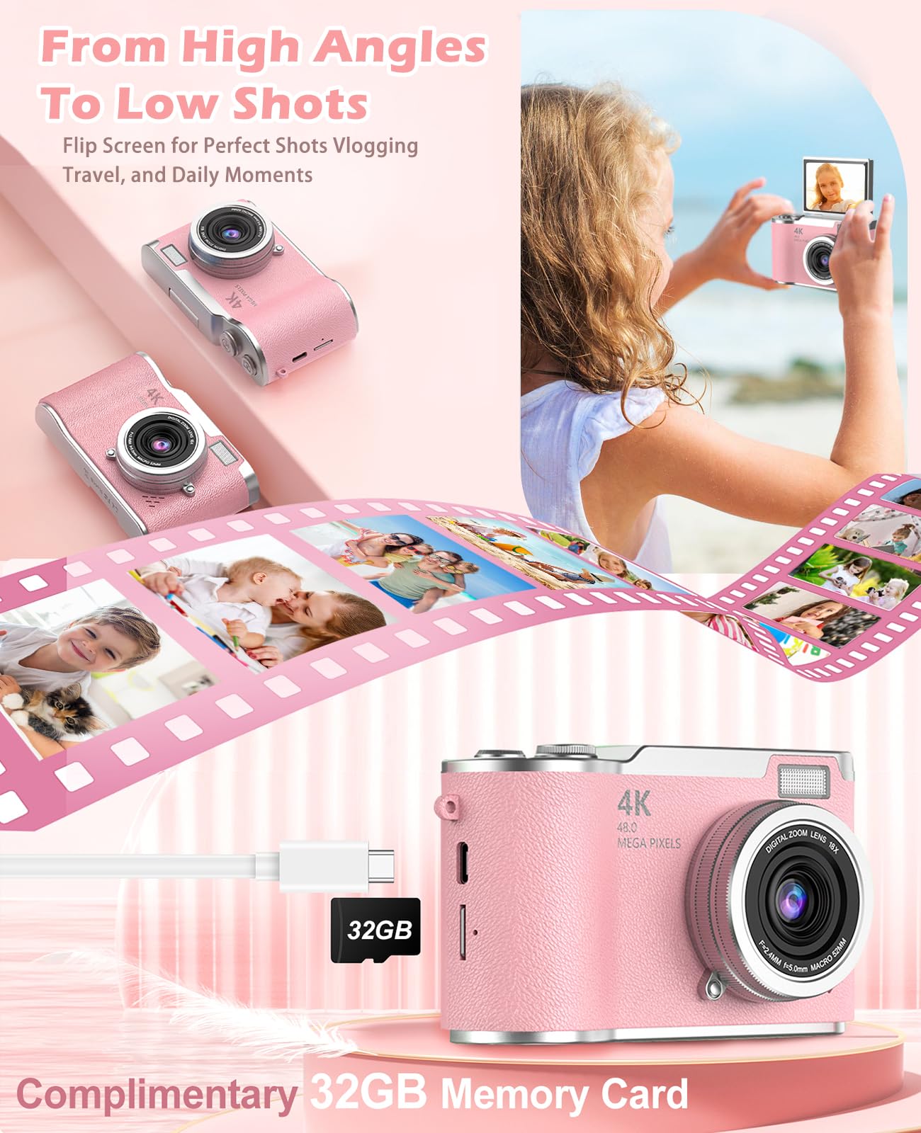 Cámara para niños, cámara digital 4K para fotografía, cámara selfie de video HD de 48MP 1080P, con flash de pantalla abatible de 180°, con tarjeta SD de 32 GB, para principiantes, niños 2