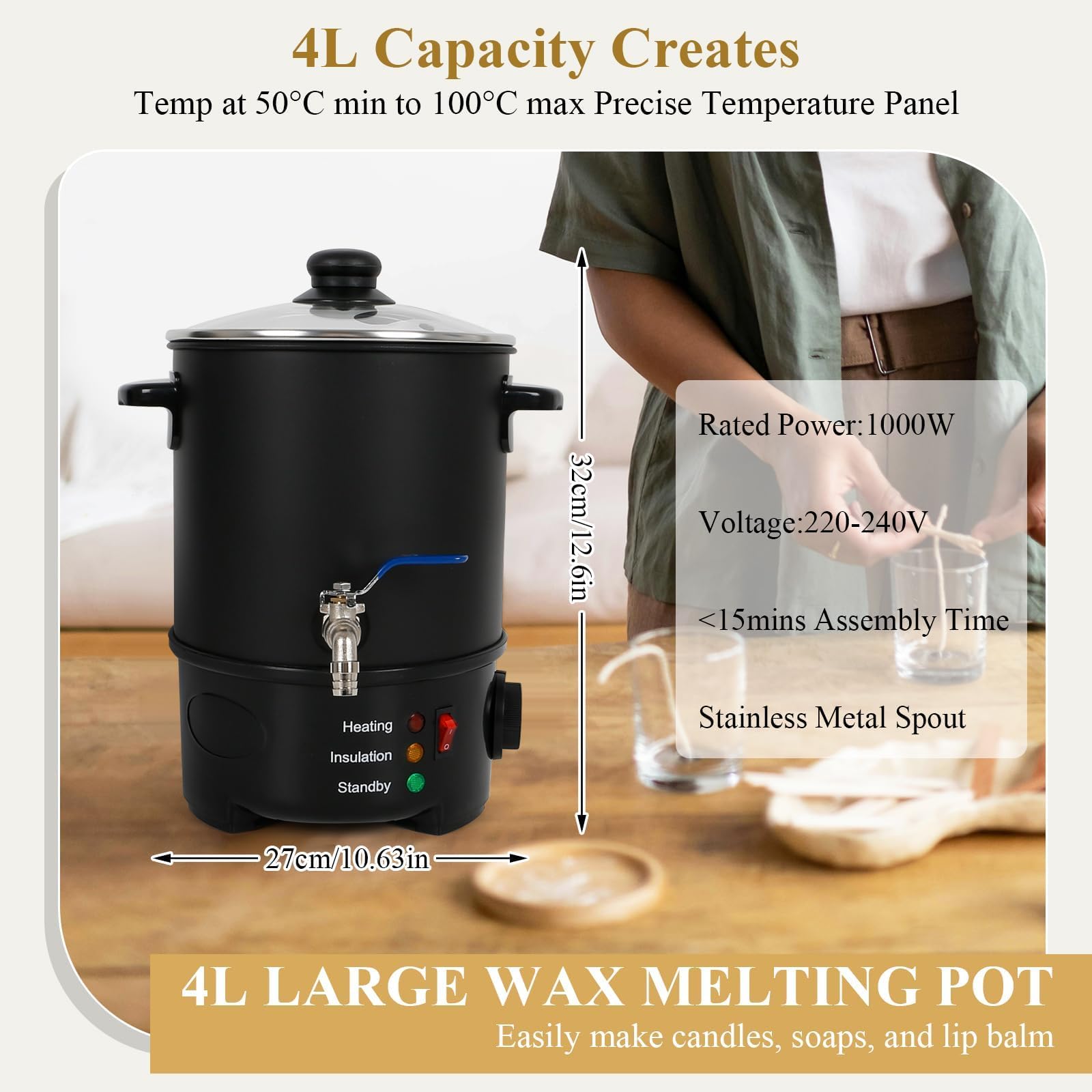 Kit de fusión de cera de vela de 1100 W, 5-20 L, máquina de fusión de cera con control de temperatura de 50 a 100 °C, olla antiadherente, cuchara de acero inoxidable, 100 mechas y tazas de cera para