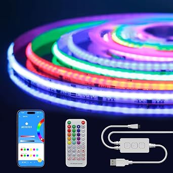 5V USB RGB IC COB LED Strip Light 2M Pixel Addressable,Dimmable LED Strip Lights with Remote and APP Control,Music Sync Color Chasing RGB LED Tape Light for TV Backlights,PC,Bedroom,Billboard [Energy Class G]