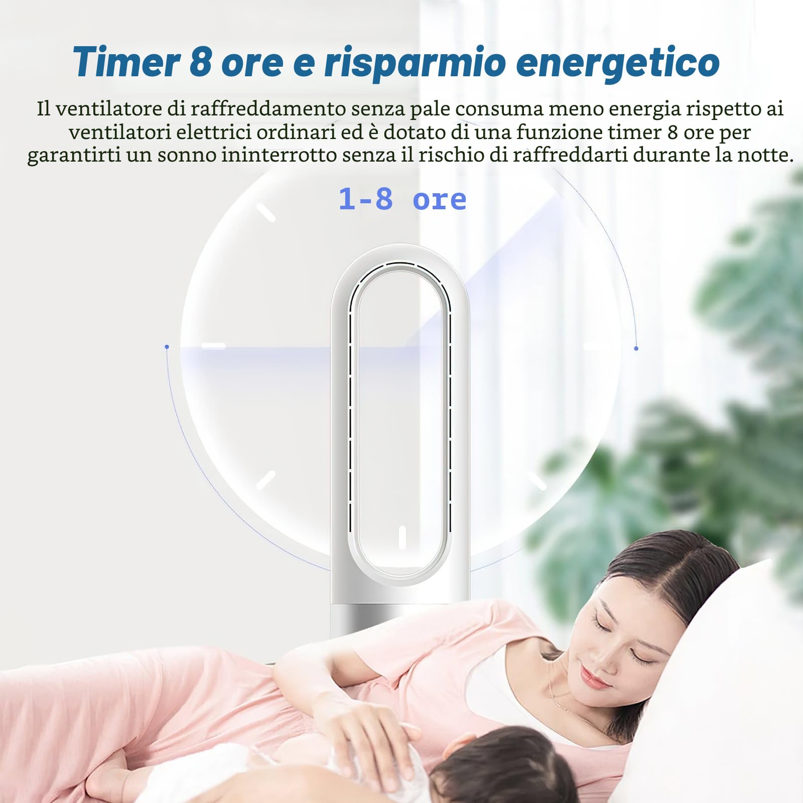 Ventilatore senza rotore con purificatore d'aria, ventilatore a torre silenzioso da 18 pollici con telecomando, 8 velocità, oscillazione a 80°, timer 8H, indicatore LED, ventilatore senza lama, per