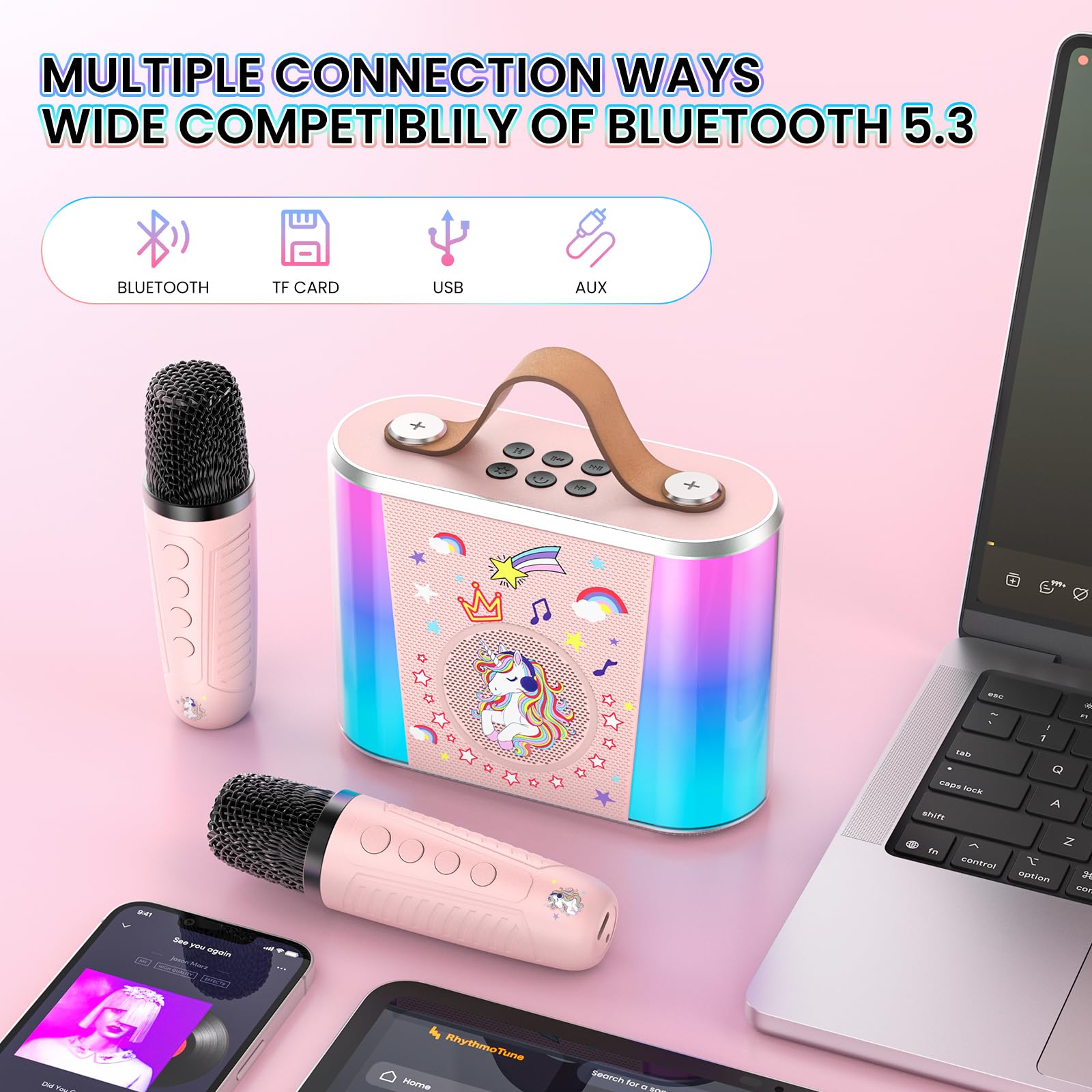 PKBD Karaoke Machine for Kids with 2 Wireless Microphone,Mini Portable Karaoke Bluetooth Speaker with Voice Changing Effects & LED Lights,Gifts for Girls Boys Age 3-15(Pink) - Image 2