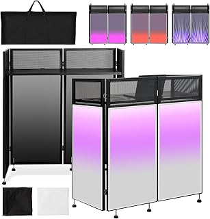 Kokorona Portable DJ Booth 43"L x 20"W x 45"H, DJ Facade Booth with Black & White Scrims, Folding DJ Booth for Party, DJ Facade Table Booth with Cable Hole, Black Metal Frame + Carry Bag