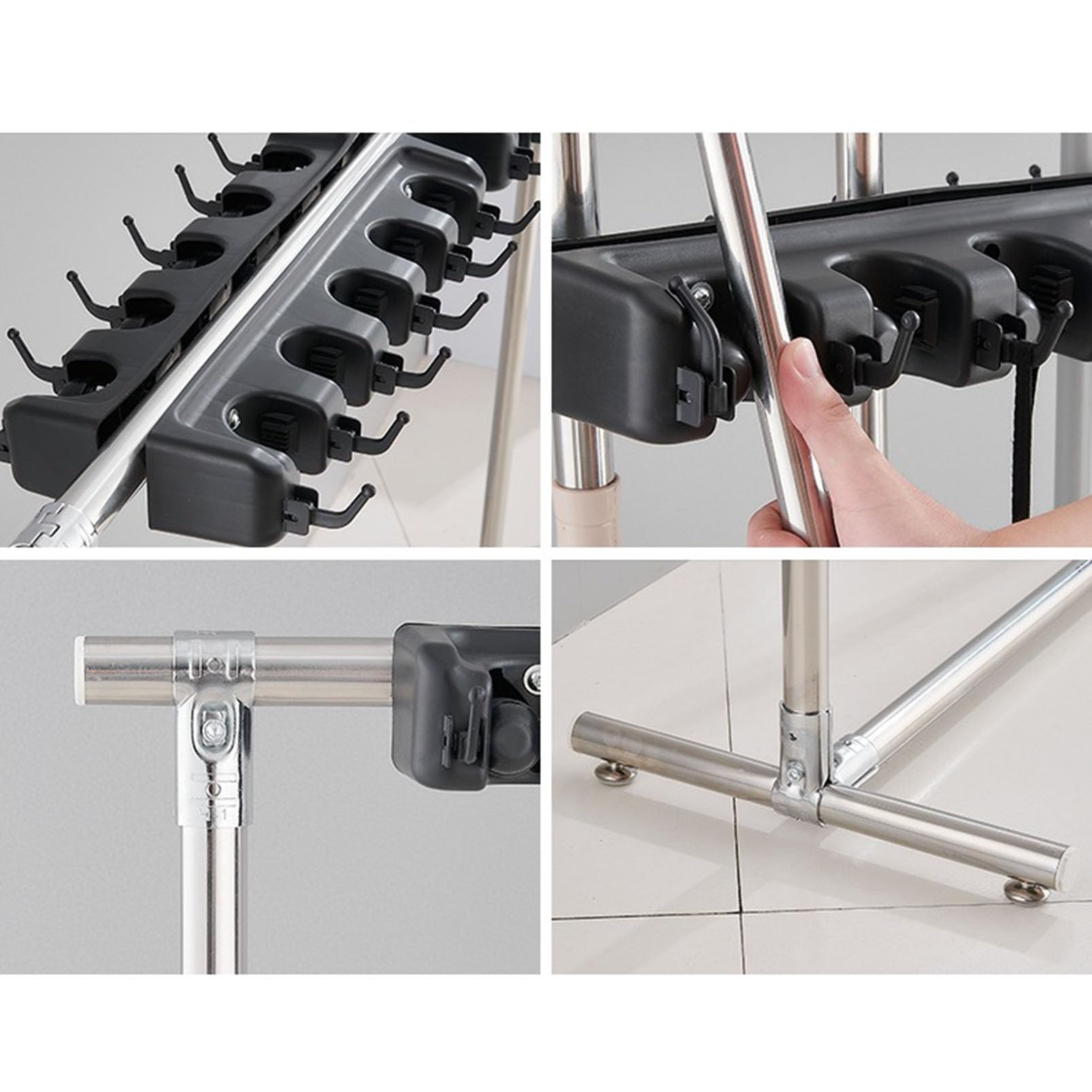Besenhalter für Gartengeräte, bewegliches Aufbewahrungsregal mit Haken, Metall-Werkzeugständer für Waschküche, Schuppen, Schrank oder Garage – Reinigungswerkzeug-Organizer