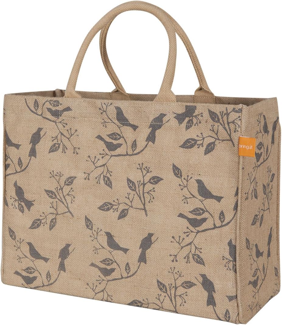 KAF Home Jute Market Tote Bag with Birds Print, Durable Handle, Reinforced Bottom and Interior Zipper Pocket, Generous capacity, 12.5" tall x 17" wide x 7" deep