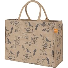 KAF Home Jute Market Tote Bag with Birds Print, Durable Handle, Reinforced Bottom and Interior Zipper Pocket, Generous capacity, 12.5" tall x 17" wide x 7" deep
