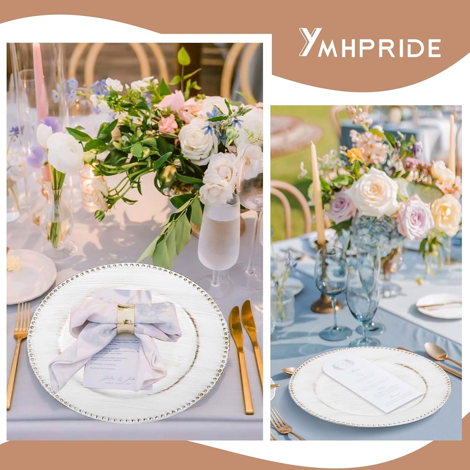 YMHPRIDE 60 Pack Vintage White Plastic Reusable Dinner Charger Plates, 13'' Round Beaded Chargers Plates Vintage Table Decoration for Elegant Dining - Ideal for Weddings and Formal Events