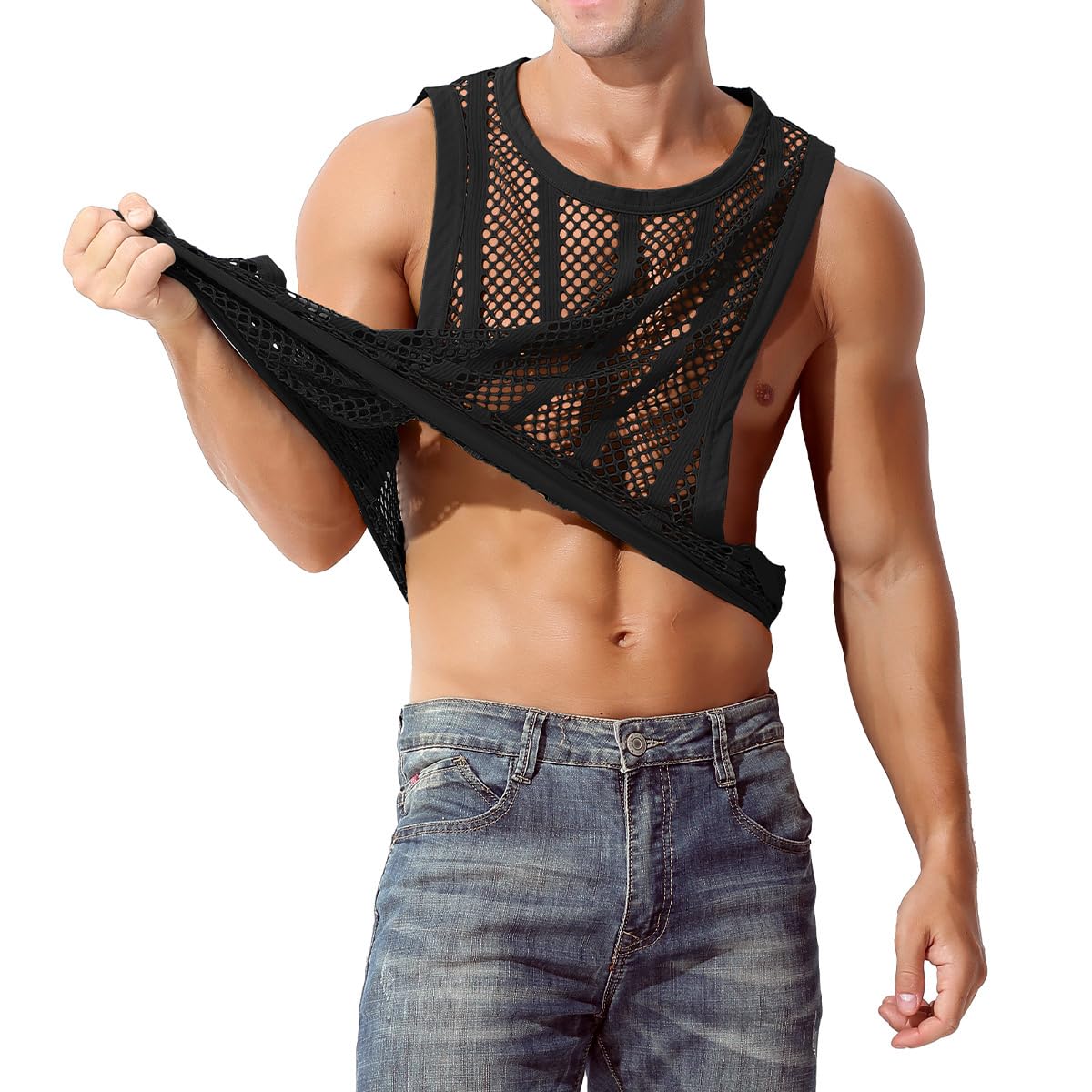 Durchsichtiges Fischnetz-Tanktop für Herren, ärmellos, gestreift, Netzstoff, enganliegend, Muskel-Top, Workout, Strand-Shirt